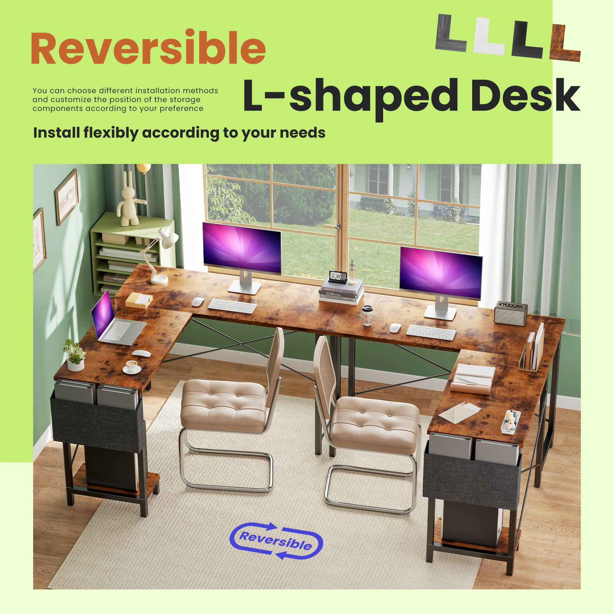 Reversible L-shaped Desk

You can choose different installation methods and customize the position of the storage components according to your preference.

Install flexibly according to your needs.