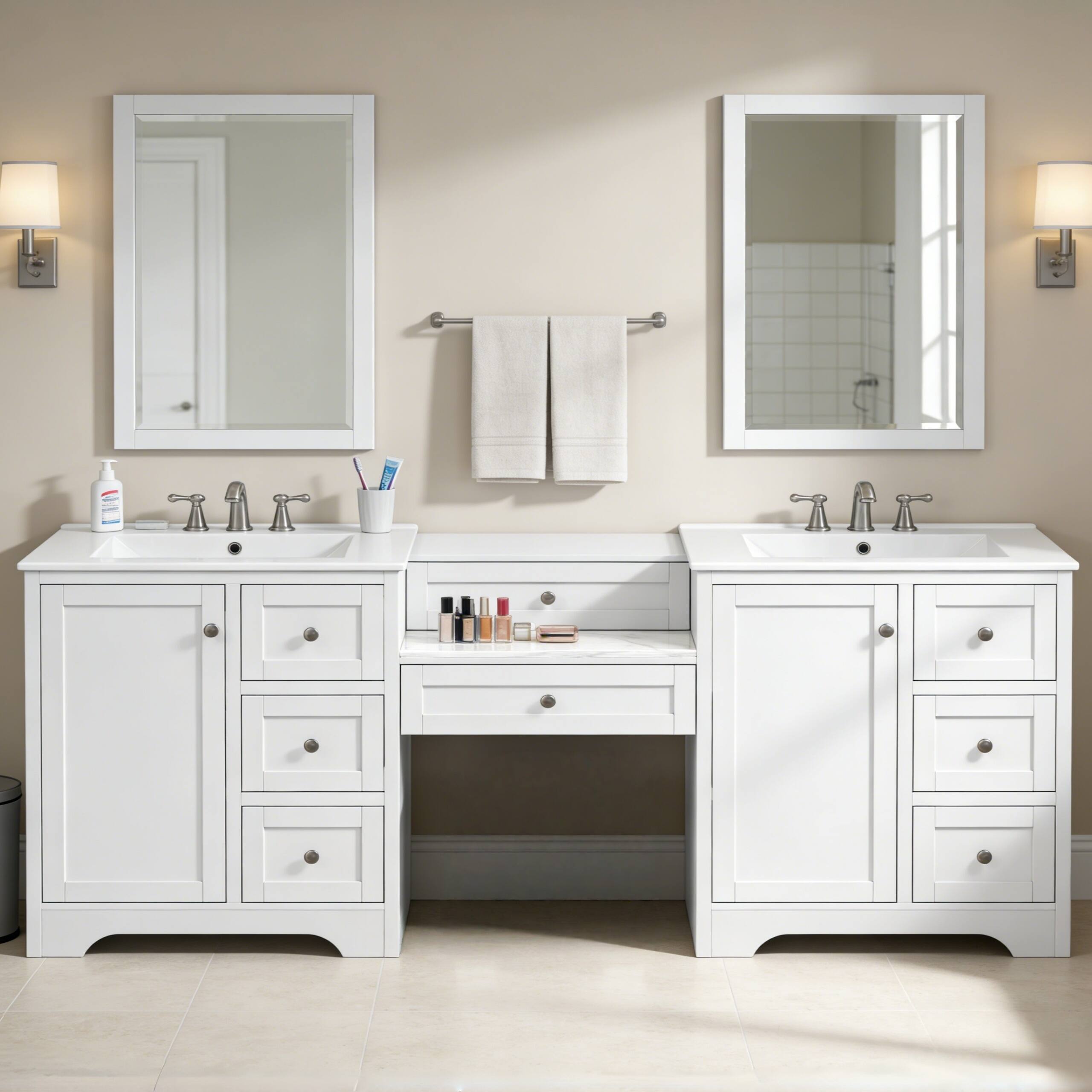 Back. Loheer - 7 ft Double Sink Bathroom Vanity with Engineered Stone Top, 6 Drawers, Soft Close - White.