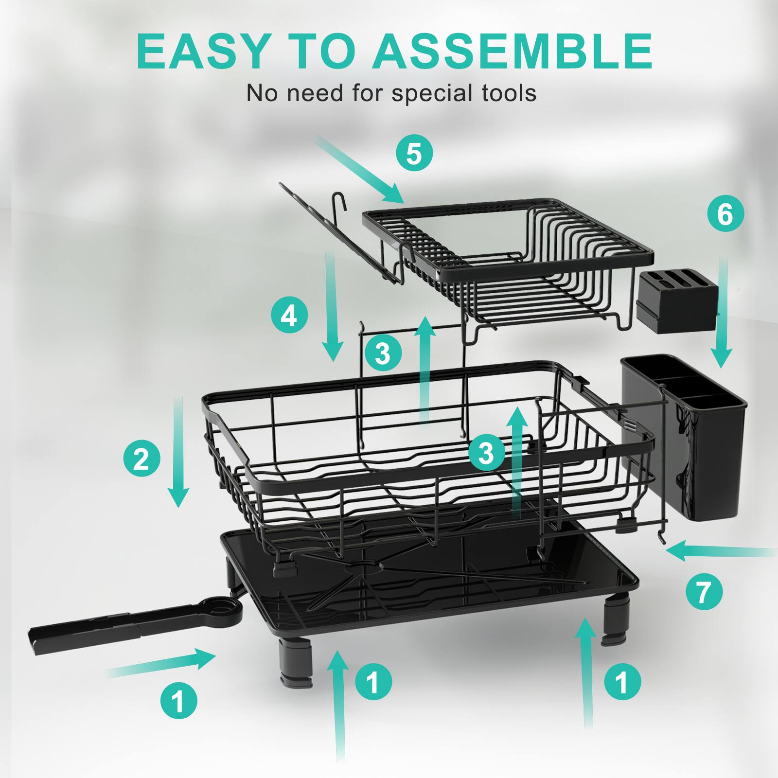 EASY TO ASSEMBLE  
No need for special tools  

1. Legs  
2. Base  
3. Middle rack  
4. Top rack  
5. Top rack  
6. Trash bin  
7. Trash bin