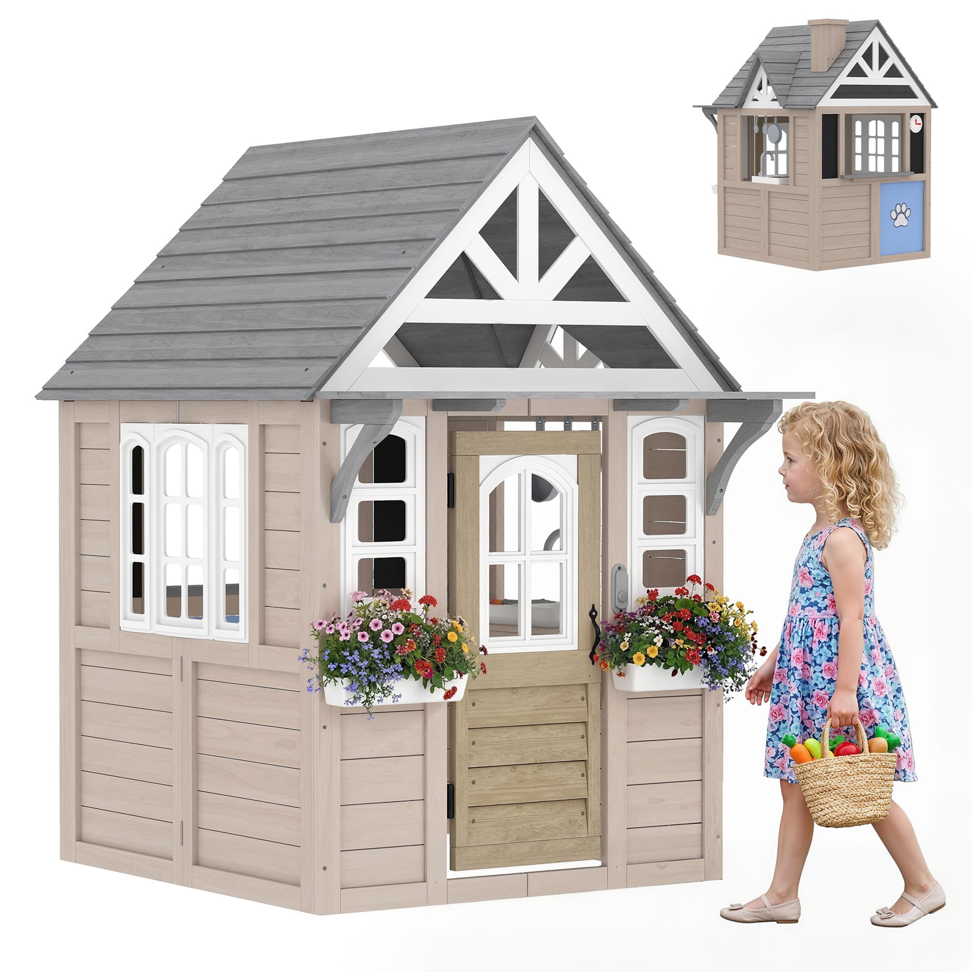 Qaba - Playhouse, Wooden Kids Playhouse with Dog Door, Cookware, Planter Box, Bell, Blackboard - Gray