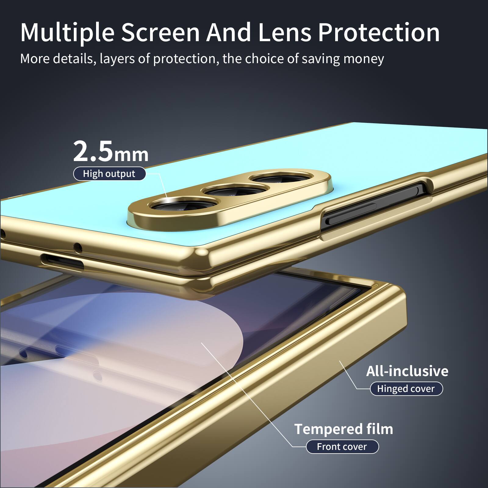 Multiple Screen And Lens Protection  
More details, layers of protection, the choice of saving money  

2.5mm  
High output  

All-inclusive  
Hinged cover  

Tempered film  
Front cover