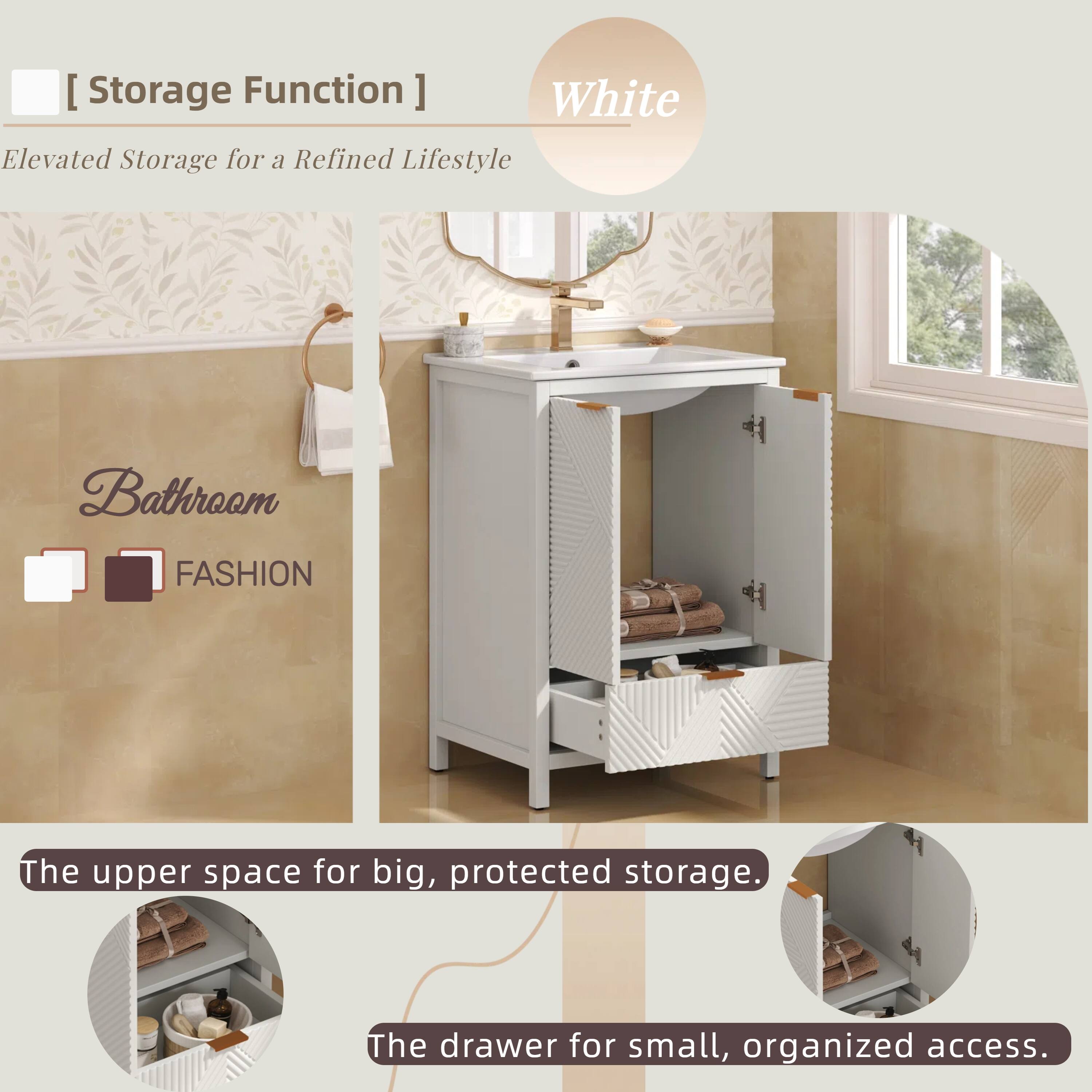 [Storage Function]  
White  
Elevated Storage for a Refined Lifestyle  

Bathroom  
FASHION  

The upper space for big, protected storage.  
The drawer for small, organized access.
