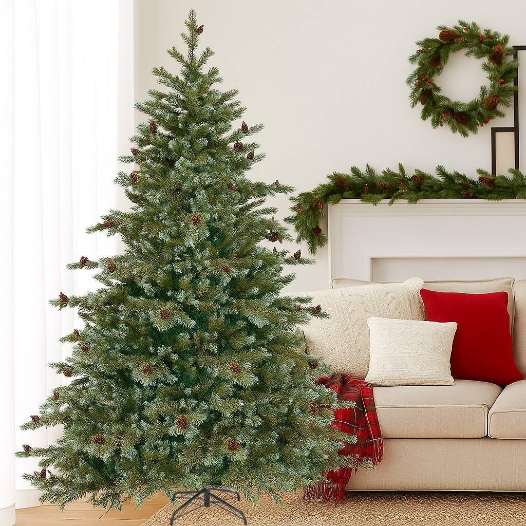 Front. BreeBe - Artificial Xmas Tree with Pine Cones and LED Lights – 6/7/8 FT Sizes - Green.