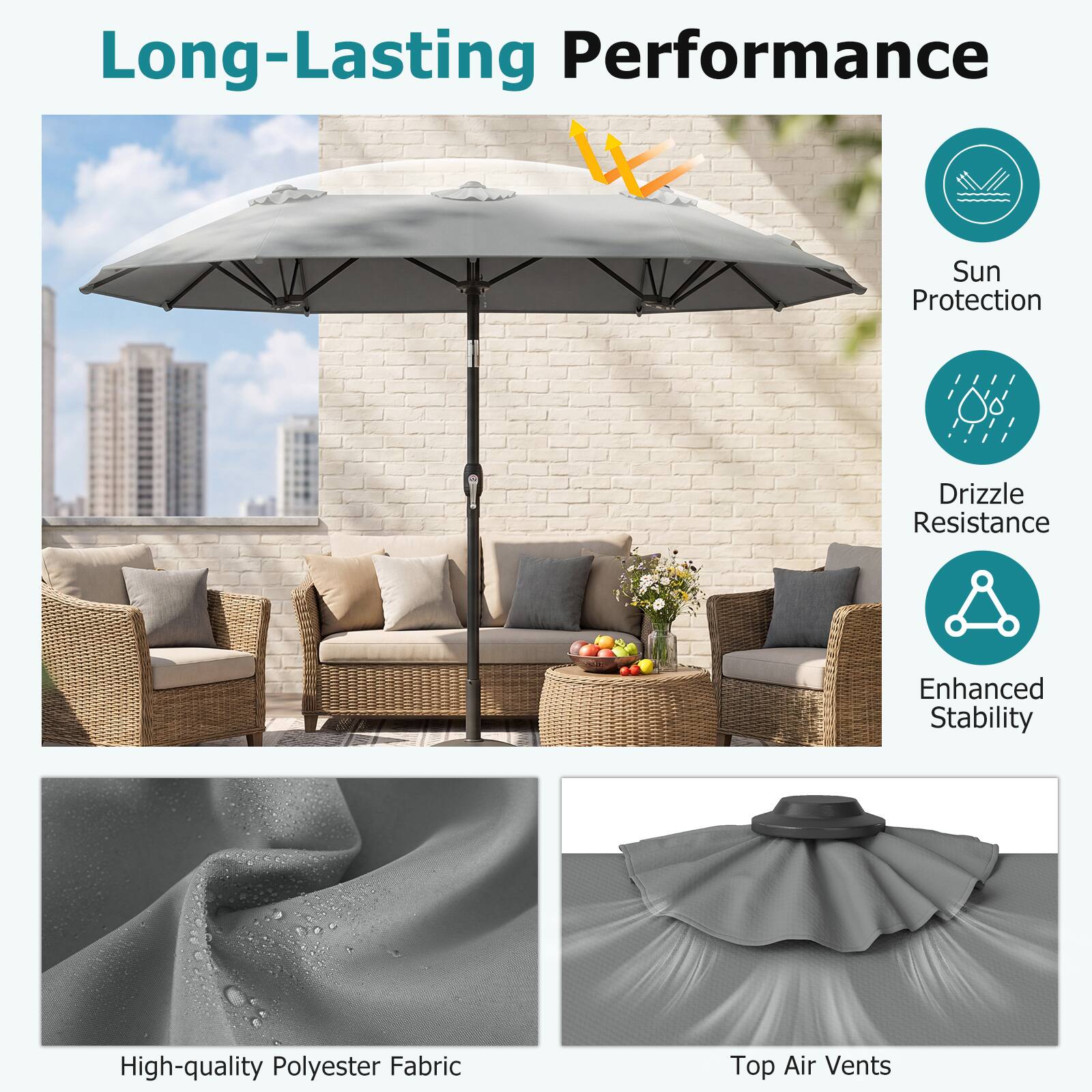 Long-Lasting Performance  
- Sun Protection  
- Drizzle Resistance  
- Enhanced Stability  
- High-quality Polyester Fabric  
- Top Air Vents