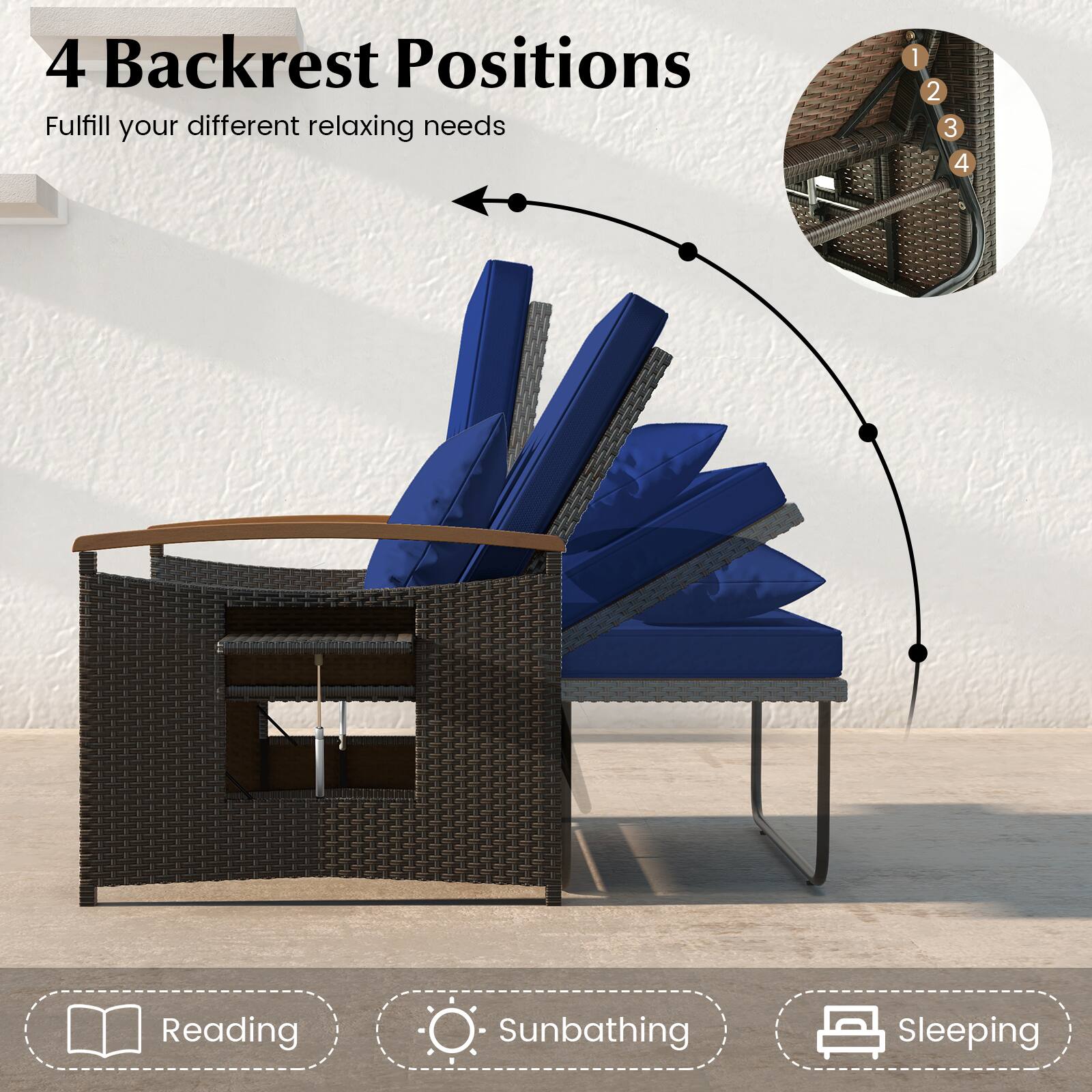 4 Backrest Positions  
Fulfill your different relaxing needs  

1. Reading  
2. Sunbathing  
3. Sleeping