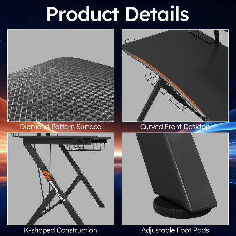 Product Details

- Diamond Pattern Surface
- Curved Front Desktop
- K-shaped Construction
- Adjustable Foot Pads