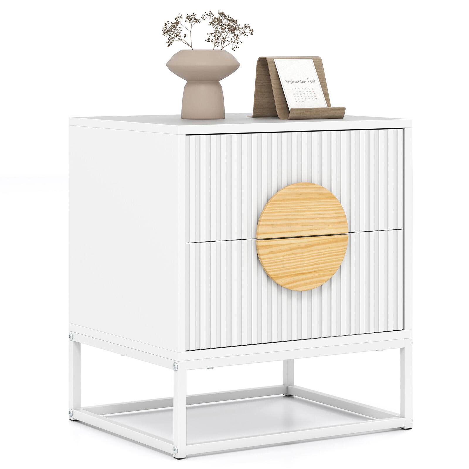 Alt View 3. WELLFOR - Mid-Century Modern Fluted Nightstand with 2 Drawers and Pine Wood Handles - White.