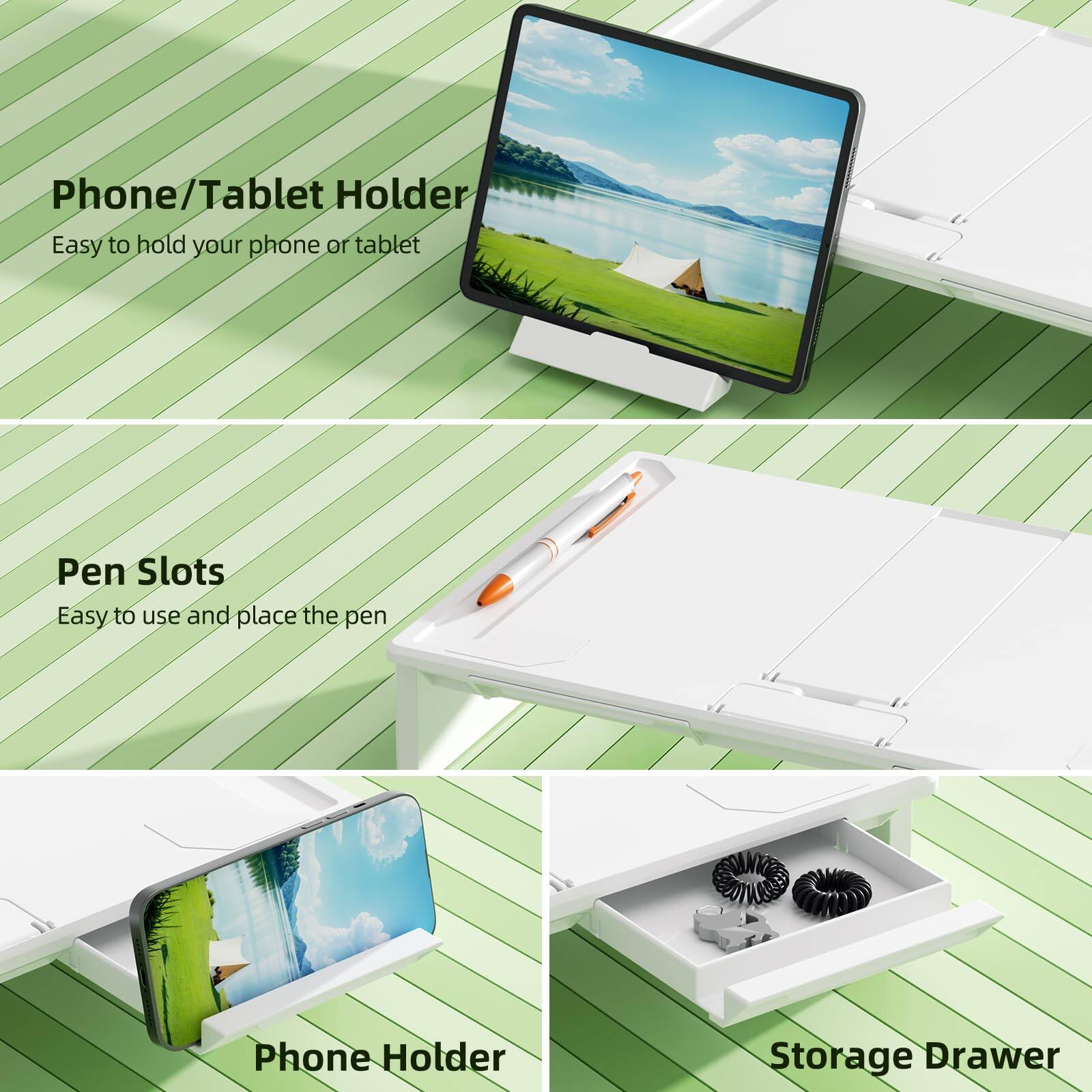 Phone/Tablet Holder  
Easy to hold your phone or tablet  

Pen Slots  
Easy to use and place the pen  

Phone Holder  

Storage Drawer