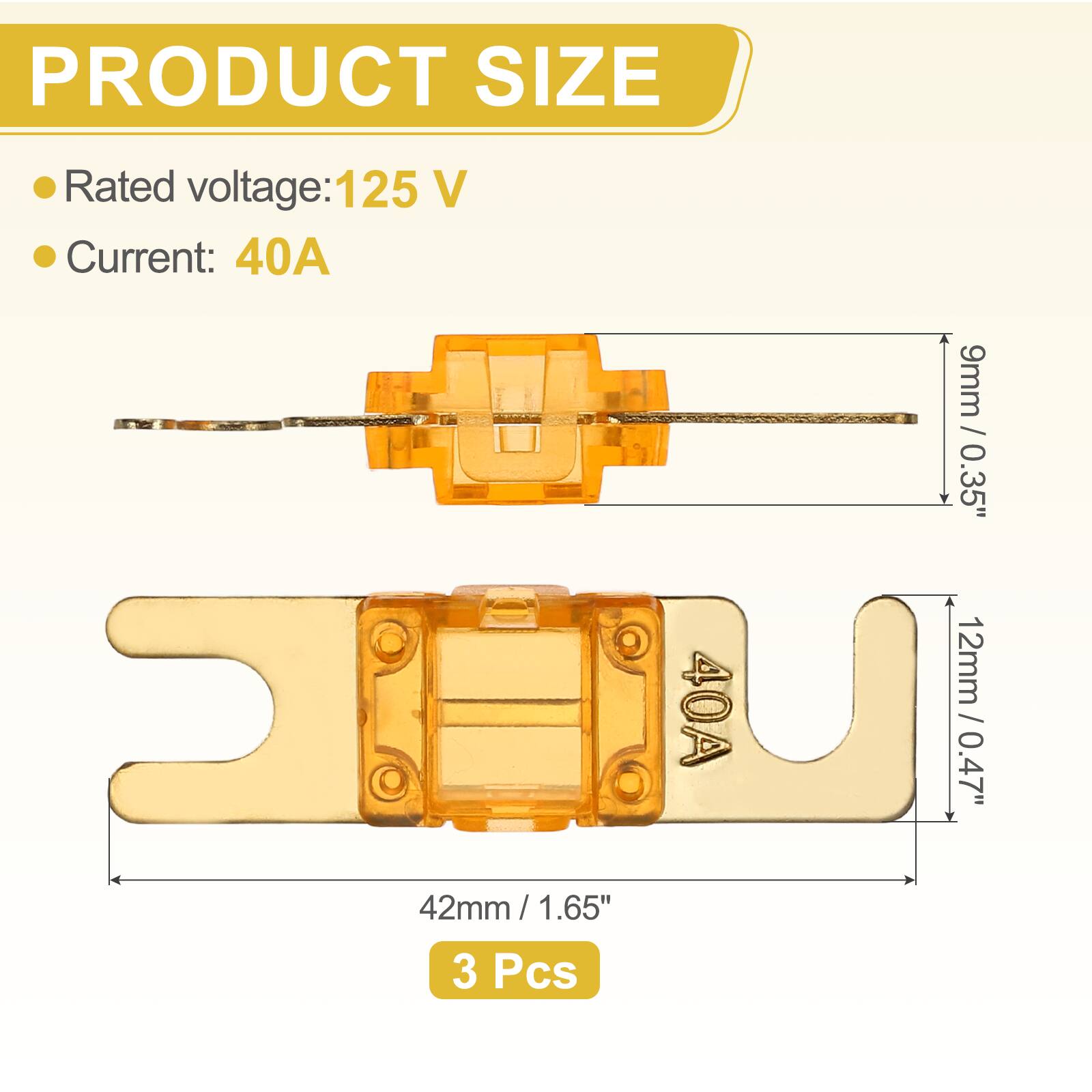 PRODUCT SIZE  
- Rated voltage: 125 V  
- Current: 40A  

9mm / 0.35"  
12mm / 0.47"  
42mm / 1.6"  
1.65"  

3 Pcs
