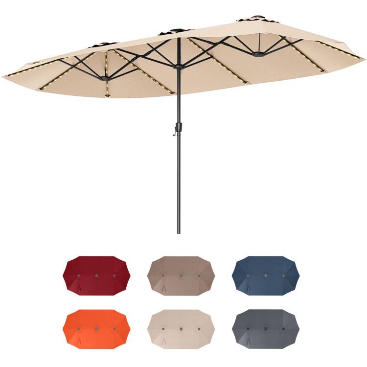 Front. SlickBlue - Extra-Large 15.5-ft Patio Umbrella with Solar LED Lights and Crank Lift - Beige.