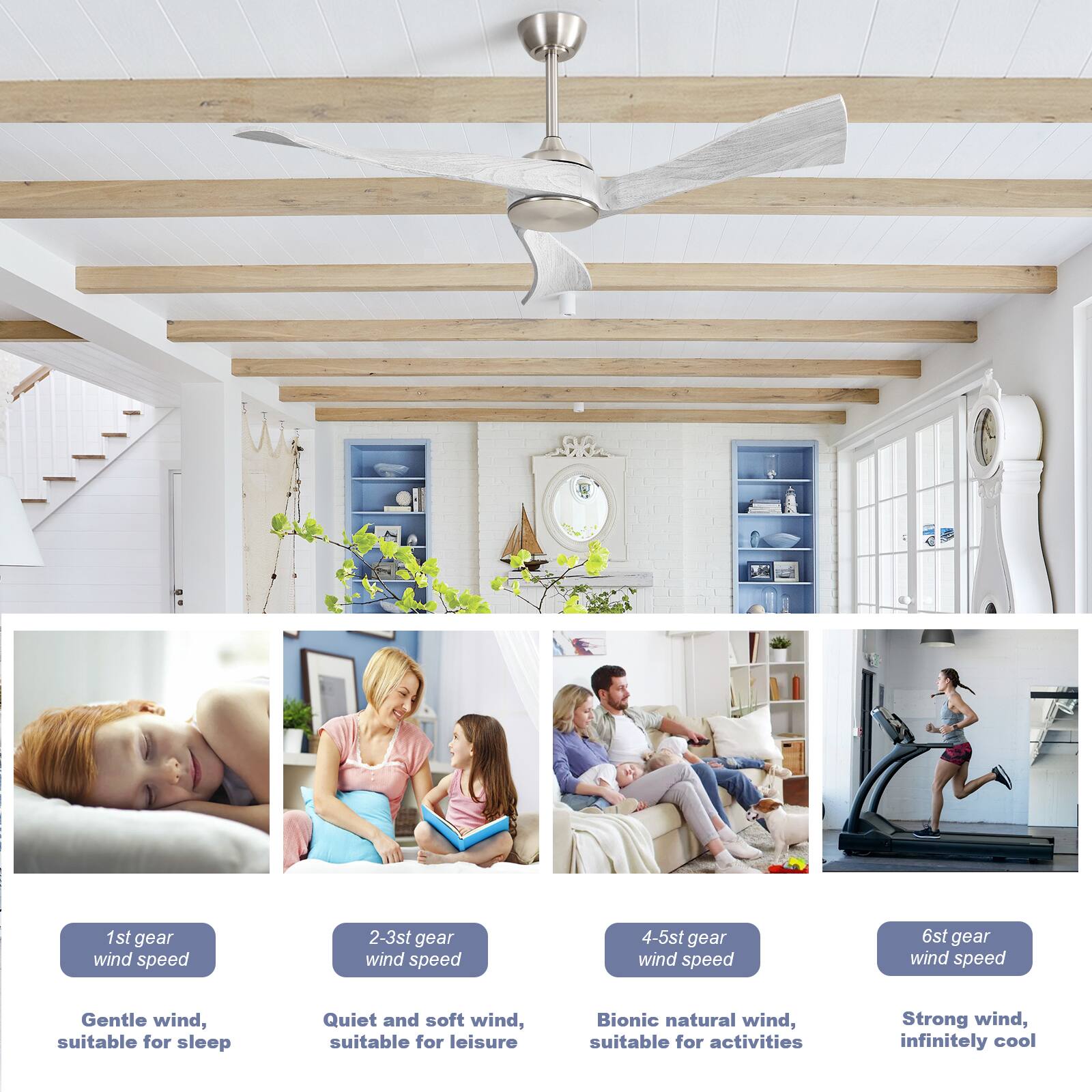 1st gear wind speed  
Gentle wind, suitable for sleep  

2-3st gear wind speed  
Quiet and soft wind, suitable for leisure  

4-5st gear wind speed  
Bionic natural wind, suitable for activities  

6st gear wind speed  
Strong wind, infinitely cool