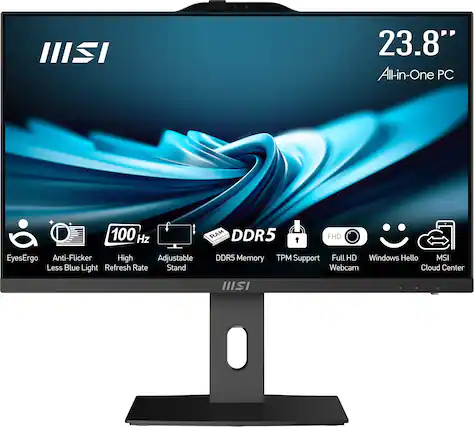 23.8" All-in-One PC
100 Hz
DDR5
EyesErgo
Anti-Flicker
High Refresh Rate
Adjustable Stand
Less Blue Light
DDR5 Memory
TPM Support
Full HD Webcam
Windows Hello
MSI Cloud Center