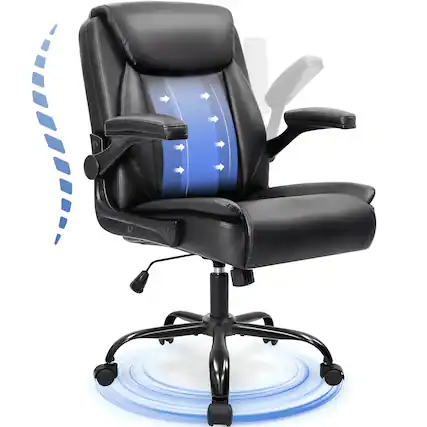 Front. Celtoss - Ergonomic Office Chair, Faux Leather Mid-Back Computer Chair with Flip-Up Armrests, Padded Cushion & Swivel Wheels - 1. Jet Black.