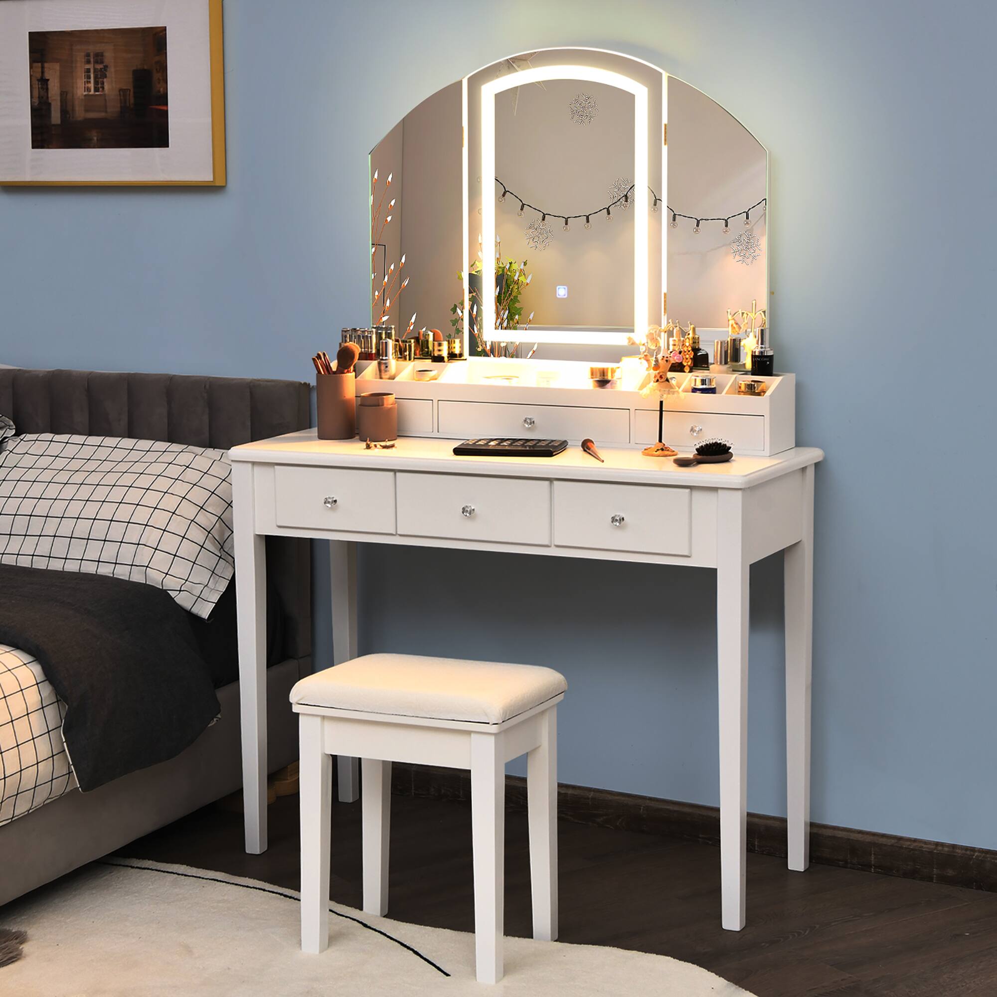 Alt View 8. Costway - Costway Vanity Table Stool Set Large Tri-folding Lighted Mirror 6 Drawer Dresser - White.
