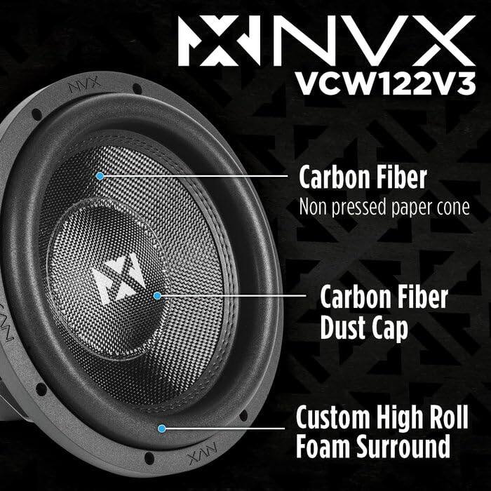 XNVX VCW122V3  
- Carbon Fiber Non pressed paper cone  
- Carbon Fiber Dust Cap  
- Custom High Roll Foam Surround
