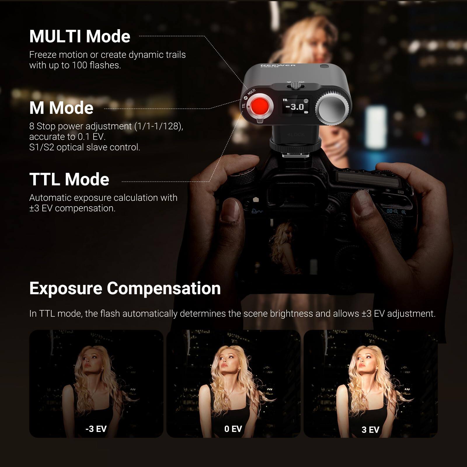MULTI Mode  
Freeze motion or create dynamic trails with up to 100 flashes.  

M Mode  
8 Stop power adjustment (1/1-1/128), accurate to 0.1 EV.  
S1/S2 optical slave control.  

TTL Mode  
Automatic exposure calculation with ±3 EV compensation.  

Exposure Compensation  
In TTL mode, the flash automatically determines the scene brightness and allows ±3 EV adjustment.  
-3 EV  
0 EV  
3 EV