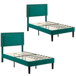 Hivvago - Set of 2 - Twin size Upholstered Platform Bed Frame with Headboard - Dark Green
