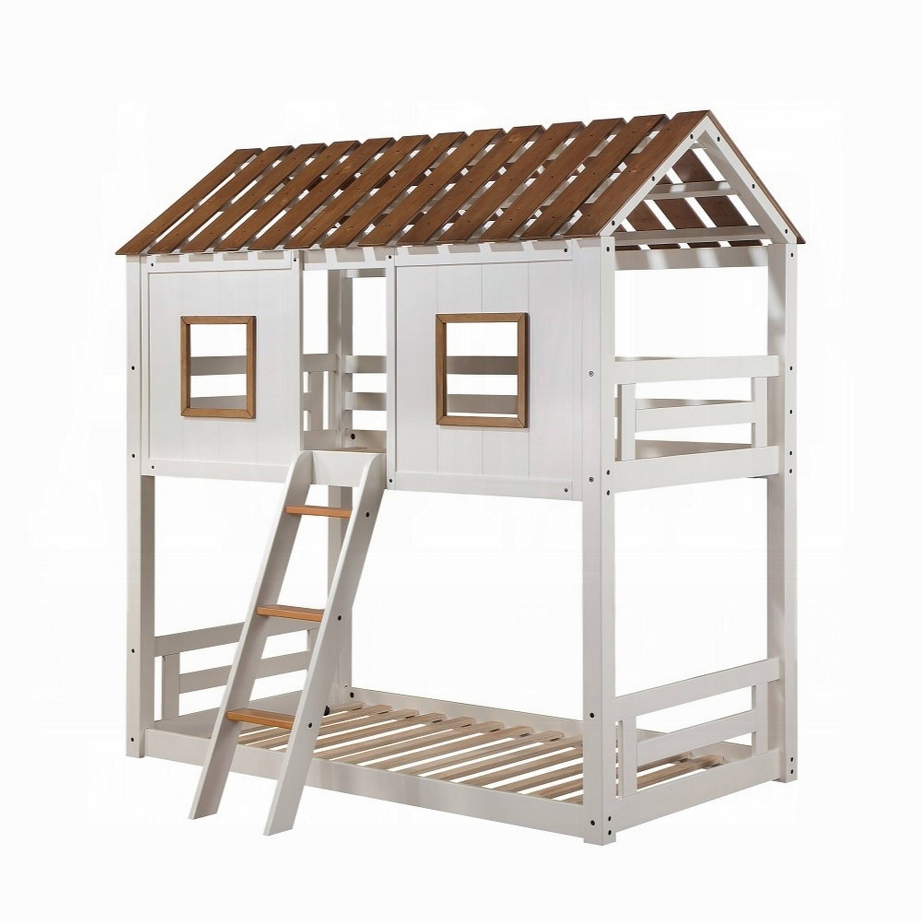 Alt View 3. Manhattan Lane - Nara Twin Size Bunk Bed, House Design with Ladder, White Rustic Wood - White, Oak Brown.