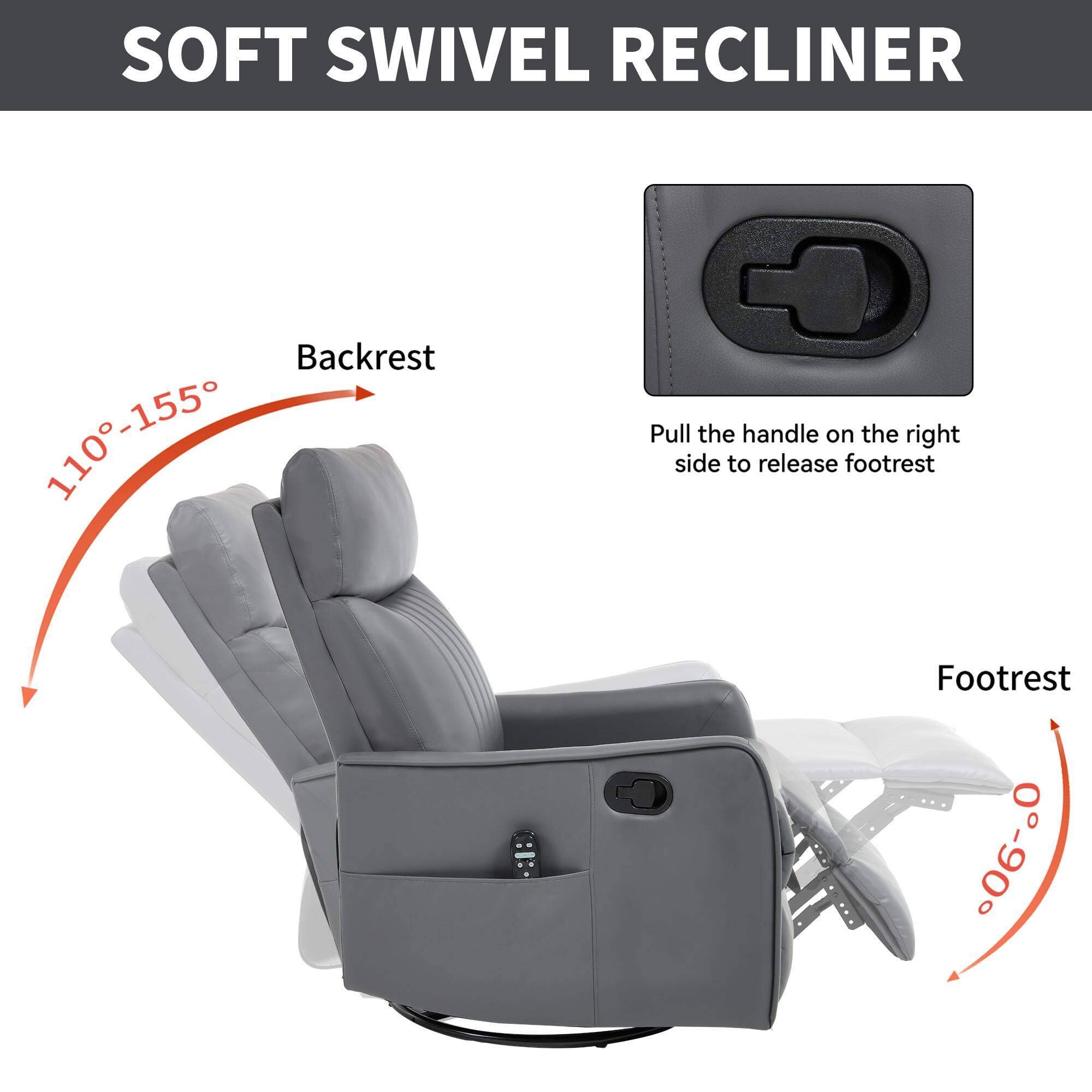 SOFT SWIVEL RECLINER

Backrest 110°-155°

Footrest 0°-90°

Pull the handle on the right side to release footrest