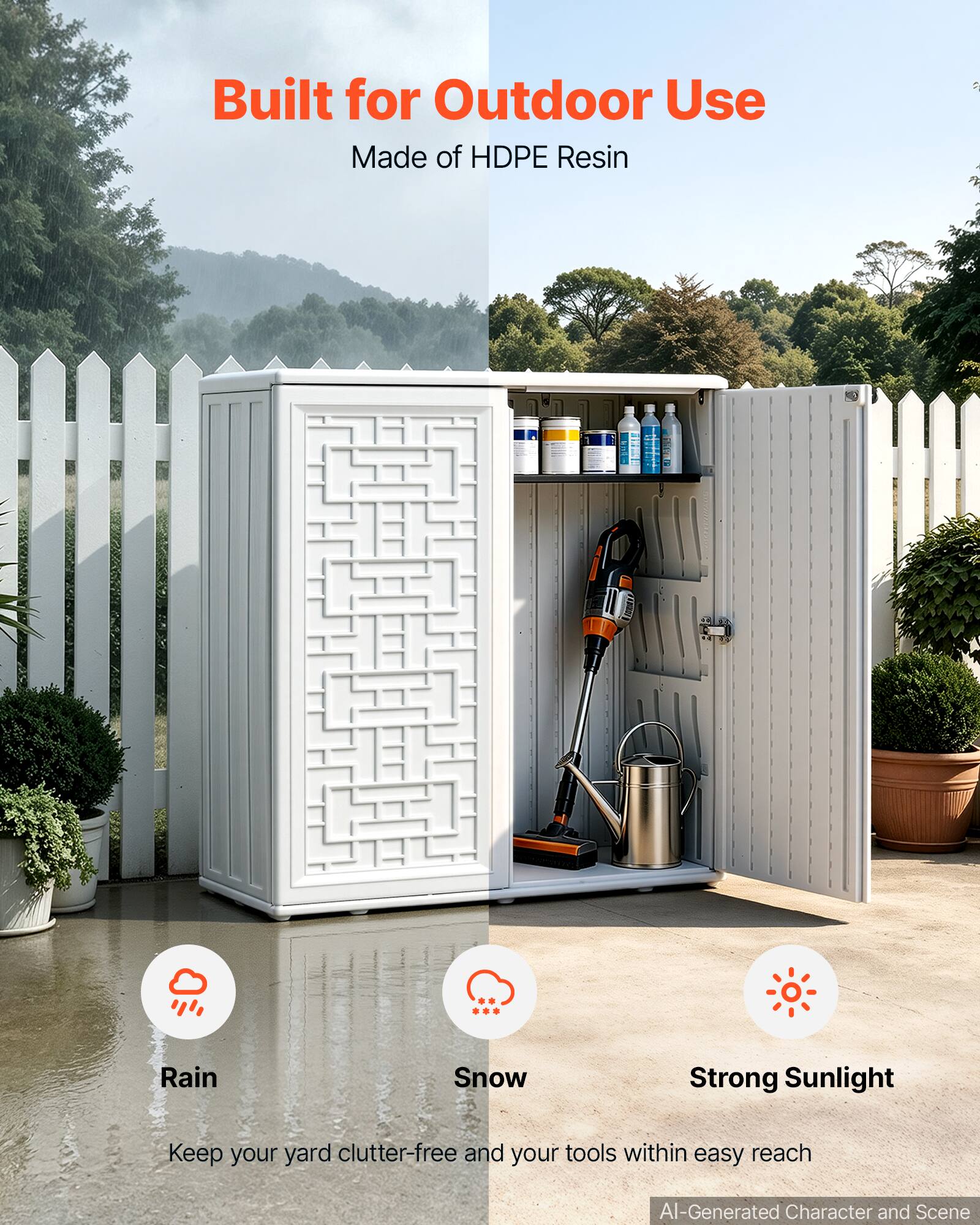 Built for Outdoor Use  
Made of HDPE Resin

Rain  
Snow  
Strong Sunlight

Keep your yard clutter-free and your tools within easy reach

AI-Generated Character and Scene