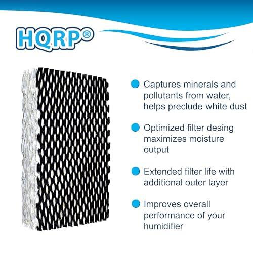 HQRP Captures minerals and pollutants from water, helps preclude white dust  
Optimized filter design maximizes moisture output  
Extended filter life with additional outer layer  
Improves overall performance of your humidifier