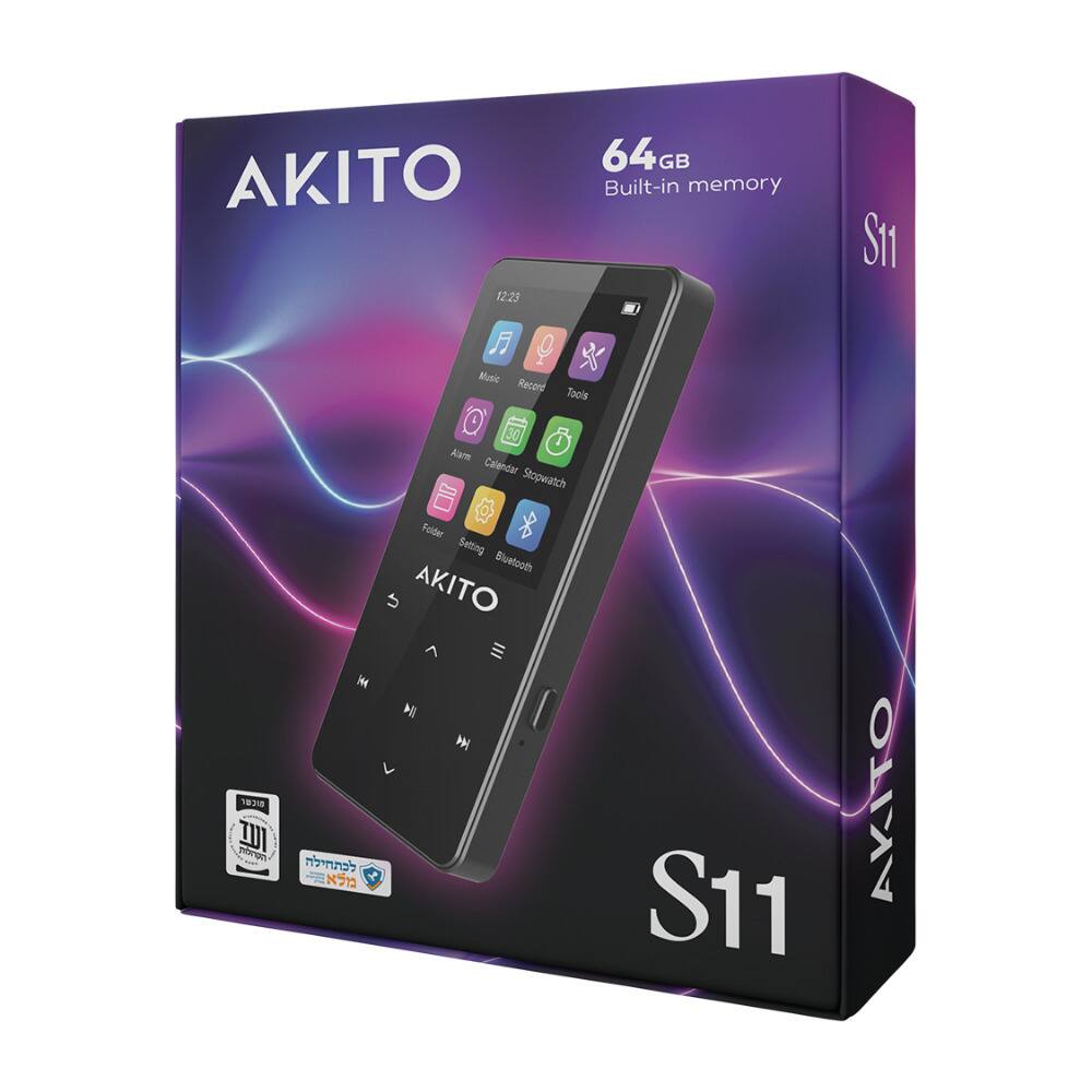 AKITO S11  
64GB Built-in memory  
12:23  
Music, Record, Alarm, Calendar, Stopwatch, Folder, Settings, Bluetooth, Tools, Watch  
AKITO