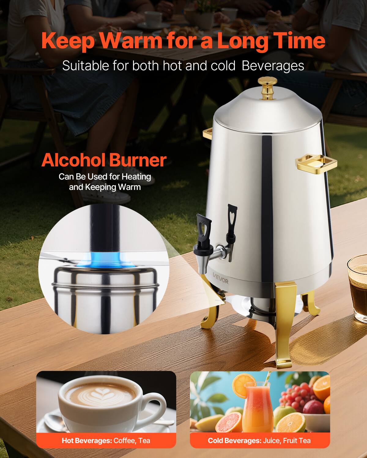 Keep Warm for a Long Time  
Suitable for both hot and cold Beverages  

Alcohol Burner  
Can Be Used for Heating and Keeping Warm  

Hot Beverages: Coffee, Tea  

Cold Beverages: Juice, Fruit Tea