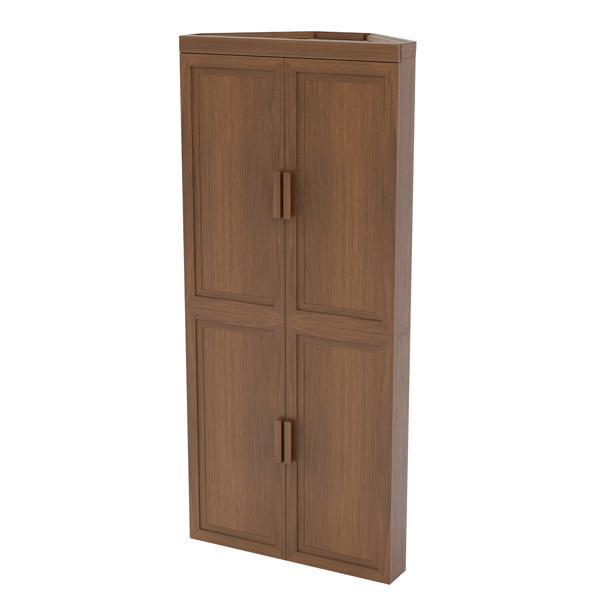 Left. PexFix - 72" Farmhouse Corner Accent Storage Cabinet with Solid Wood Doors and Adjustable Shelves for Space-Saving - Walnut.