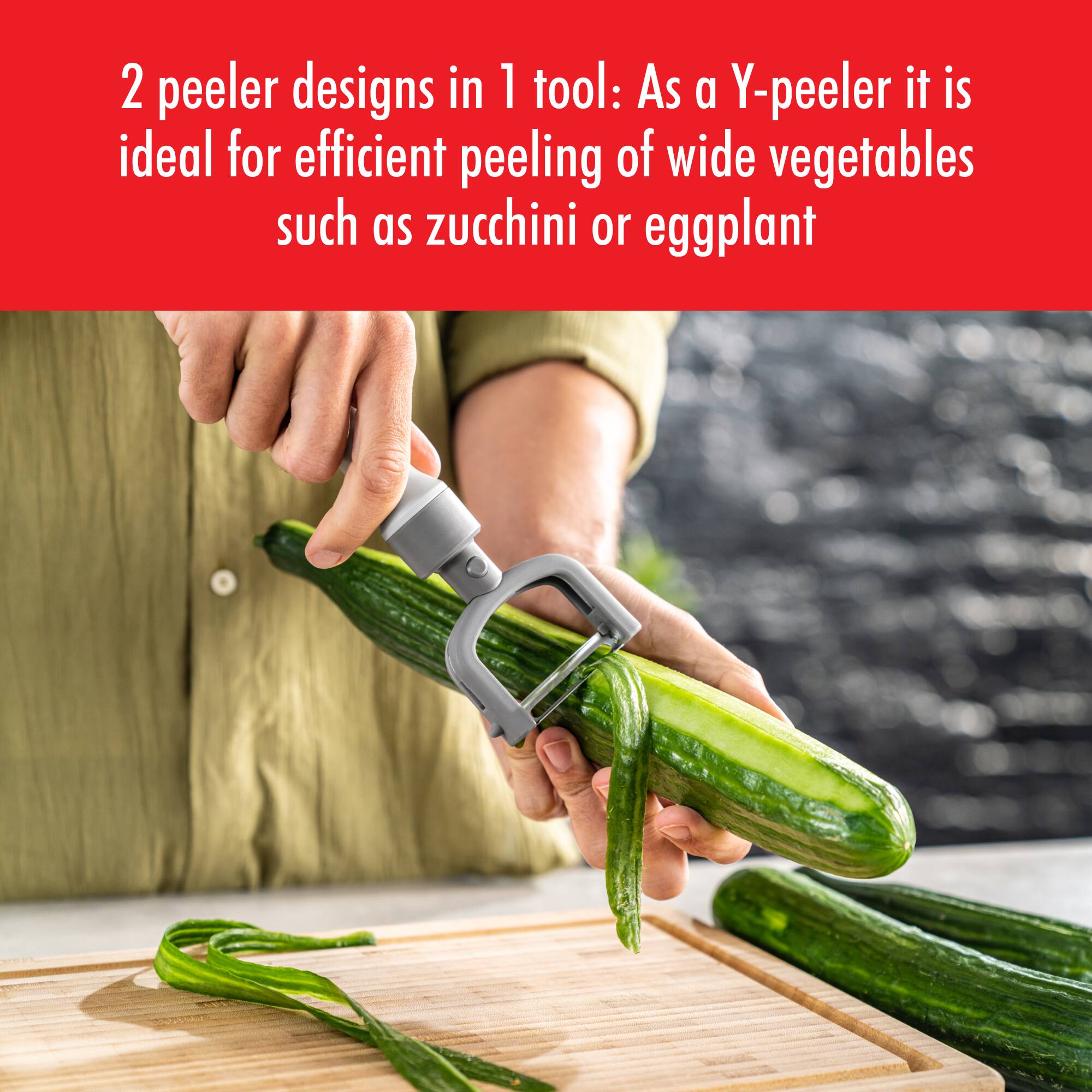 2 peeler designs in 1 tool: As a Y-peeler it is ideal for efficient peeling of wide vegetables such as zucchini or eggplant