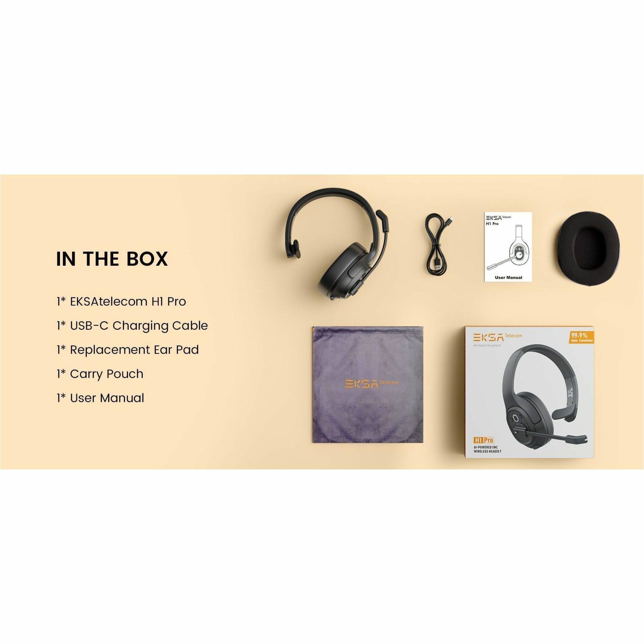 IN THE BOX:
- EKSA telecom HI Pro
- 1+ USB-C Charging Cable
- 1* Replacement Ear Pad
- 1* Carry Pouch
- 1+ User Manual
- EKSA H1 Pro non-Earphone