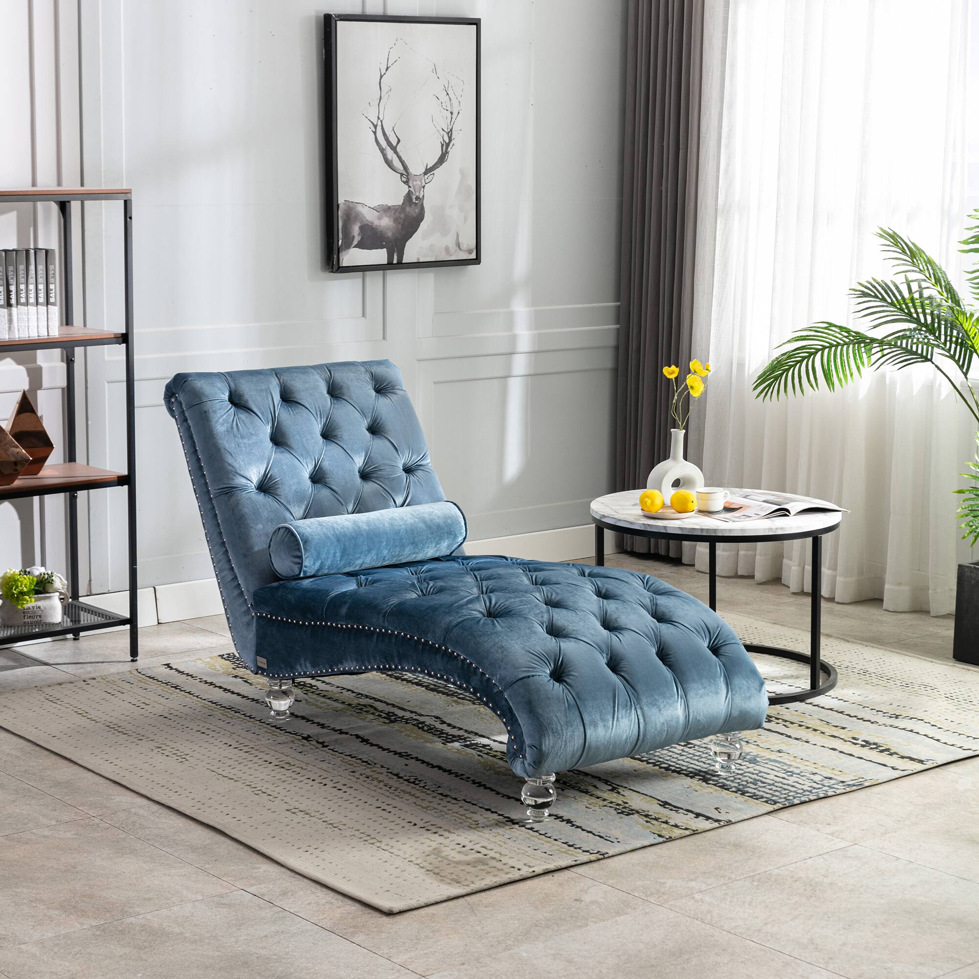 Angle. Trinkets Crazed - Velvet Indoor Chaise Lounge Chair with Toss Pillow, Upholstered Modern Tufted Button Lounge Chair with Acrylic Legs - Light Blue.