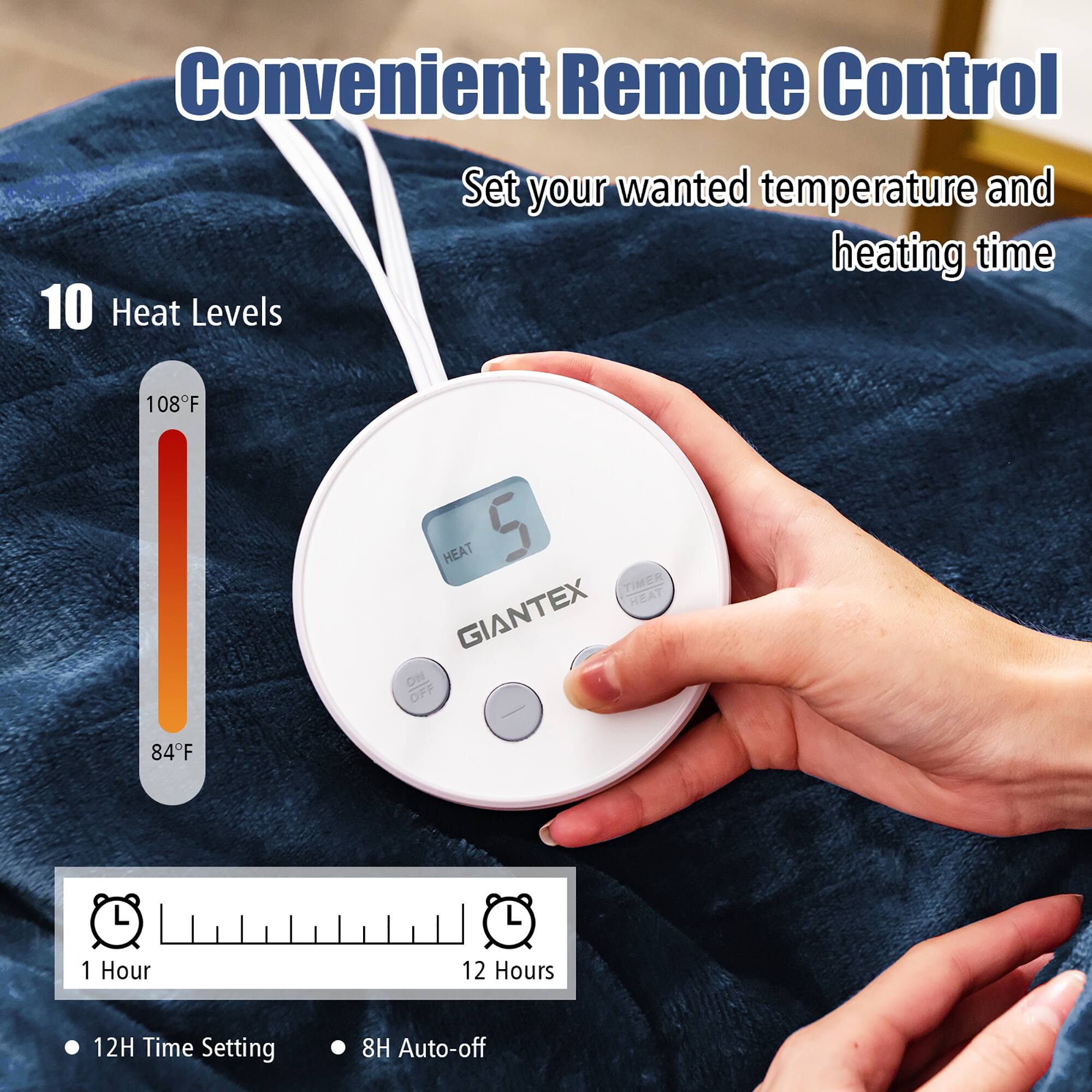 Convenient Remote Control: Set your desired temperature and heating time. 10 heat levels available. 108F HEAT 5 TIMER. HEAT GIANTEX ON/OFF - 84F 1 Hour 12 Hours 12H Time Setting 8H Auto-off.