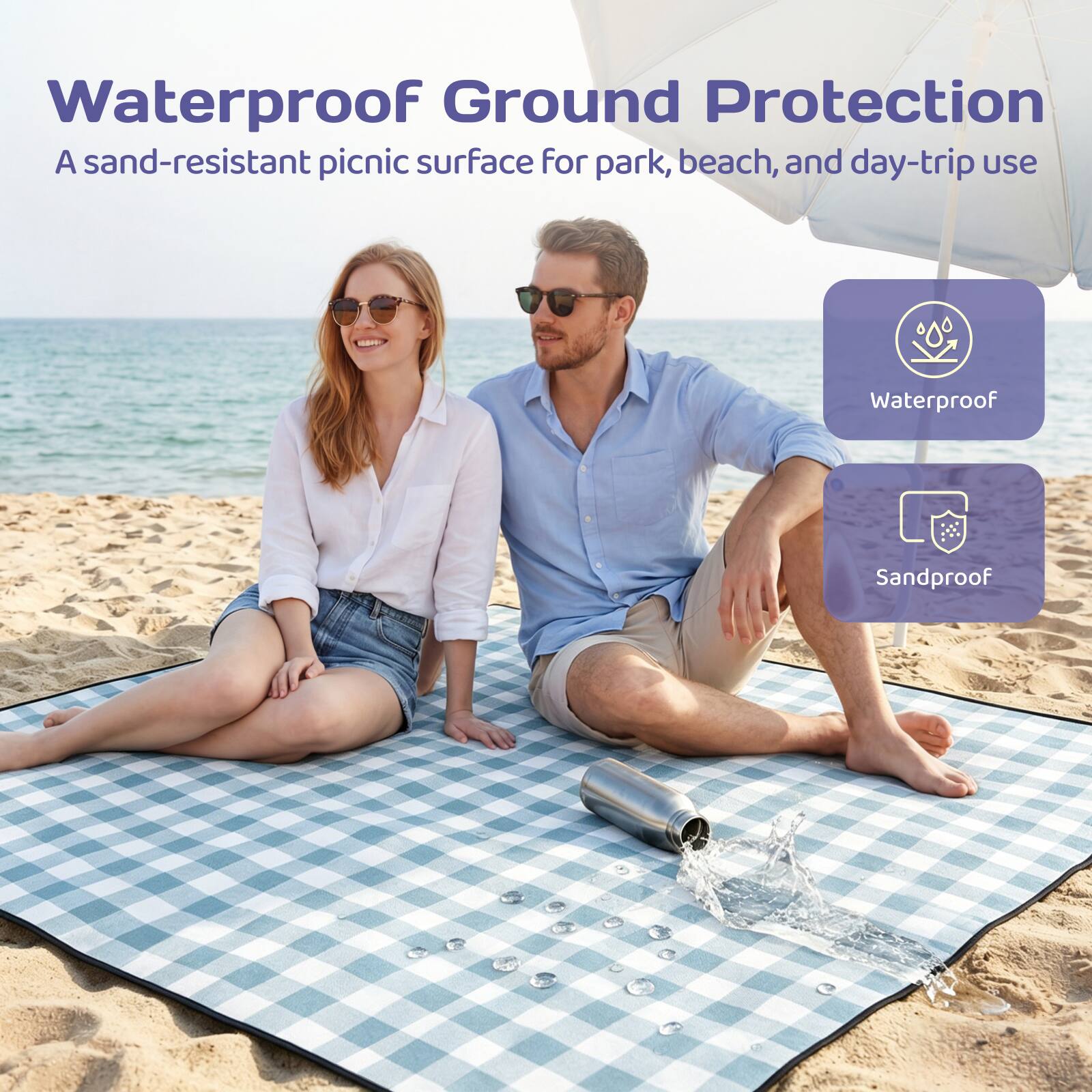 Waterproof Ground Protection  
A sand-resistant picnic surface for park, beach, and day-trip use  

Waterproof  
Sandproof