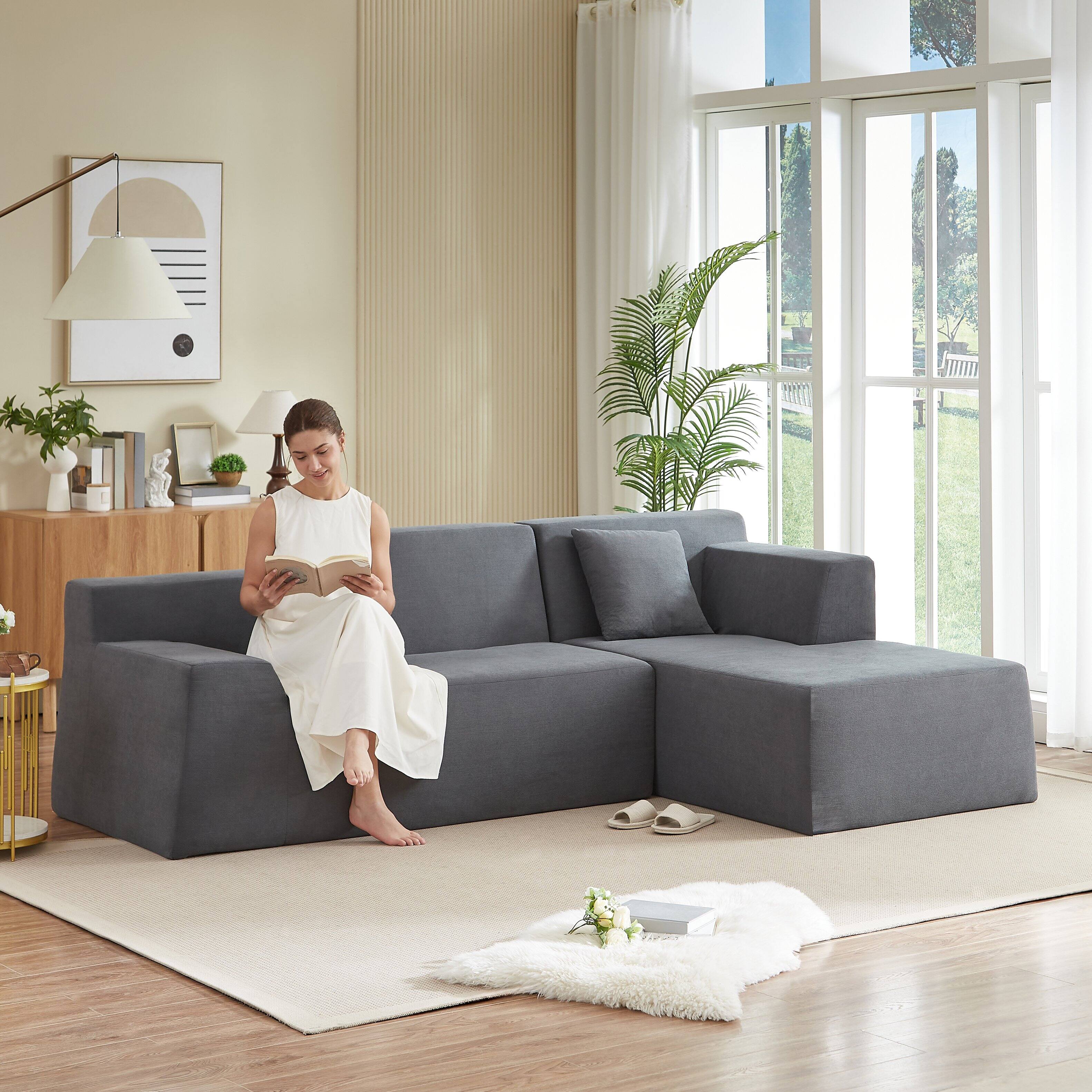 Back. Anysun - Anysun L-Shaped Design Right-Facing Modern Minimalist Corduroy High Raised Thickened Back Sofa - Dark Gray.