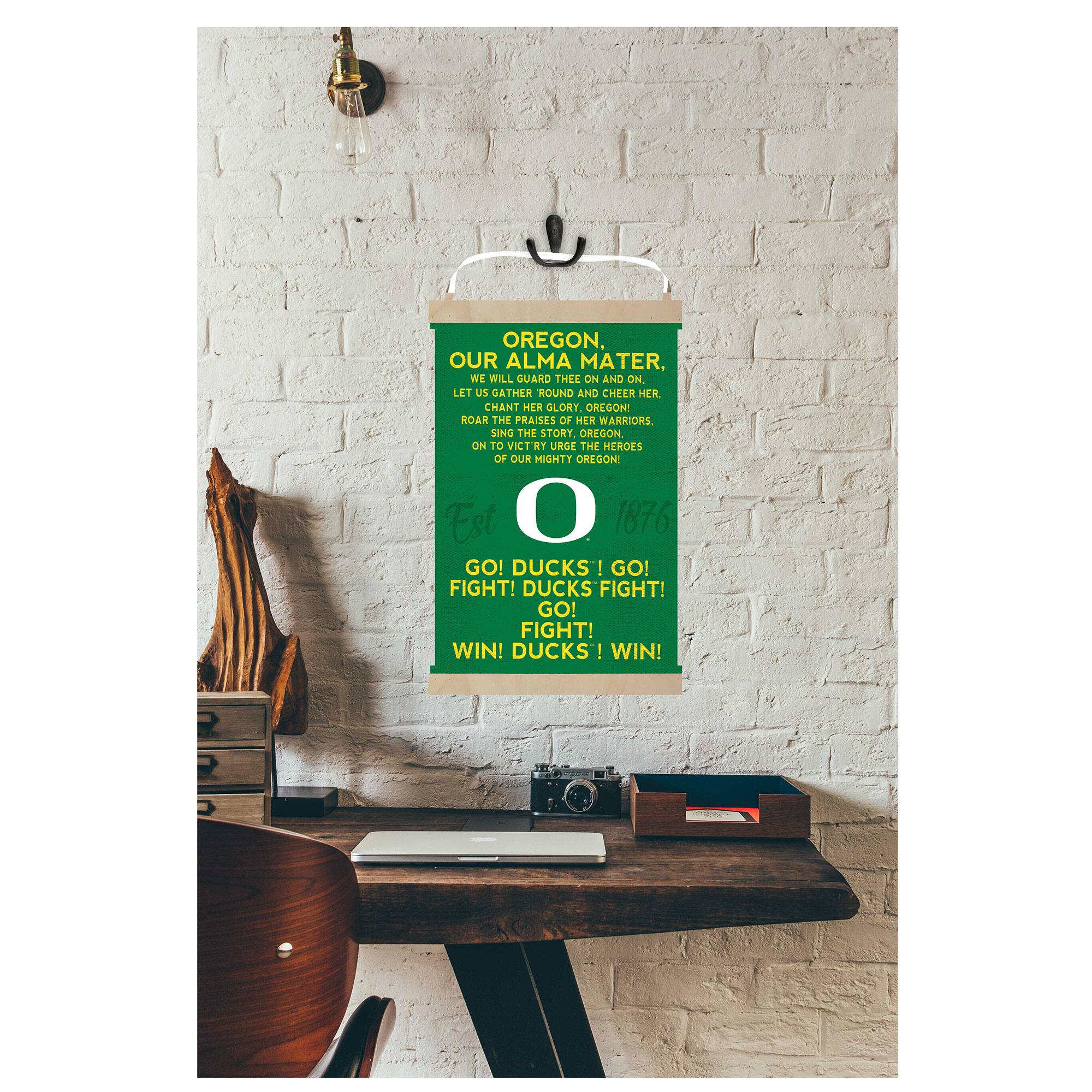 OREGON, OUR ALMA MATER, WE WILL GUARD THEE ON AND ON. LET US OATHER ROUND AND CHEER HER. CHANT HER GLORY OREGON! ROAR THE PRAISES OF HER WARRIORS. SING THE STORY OREGON ON TO VICTORY OF OUR MIGHTY OREGON! Est 1876

GO! DUCKS! GO! FIGHT! DUCKS FIGHT! GO! FIGHT! WIN! DUCKS! WIN!