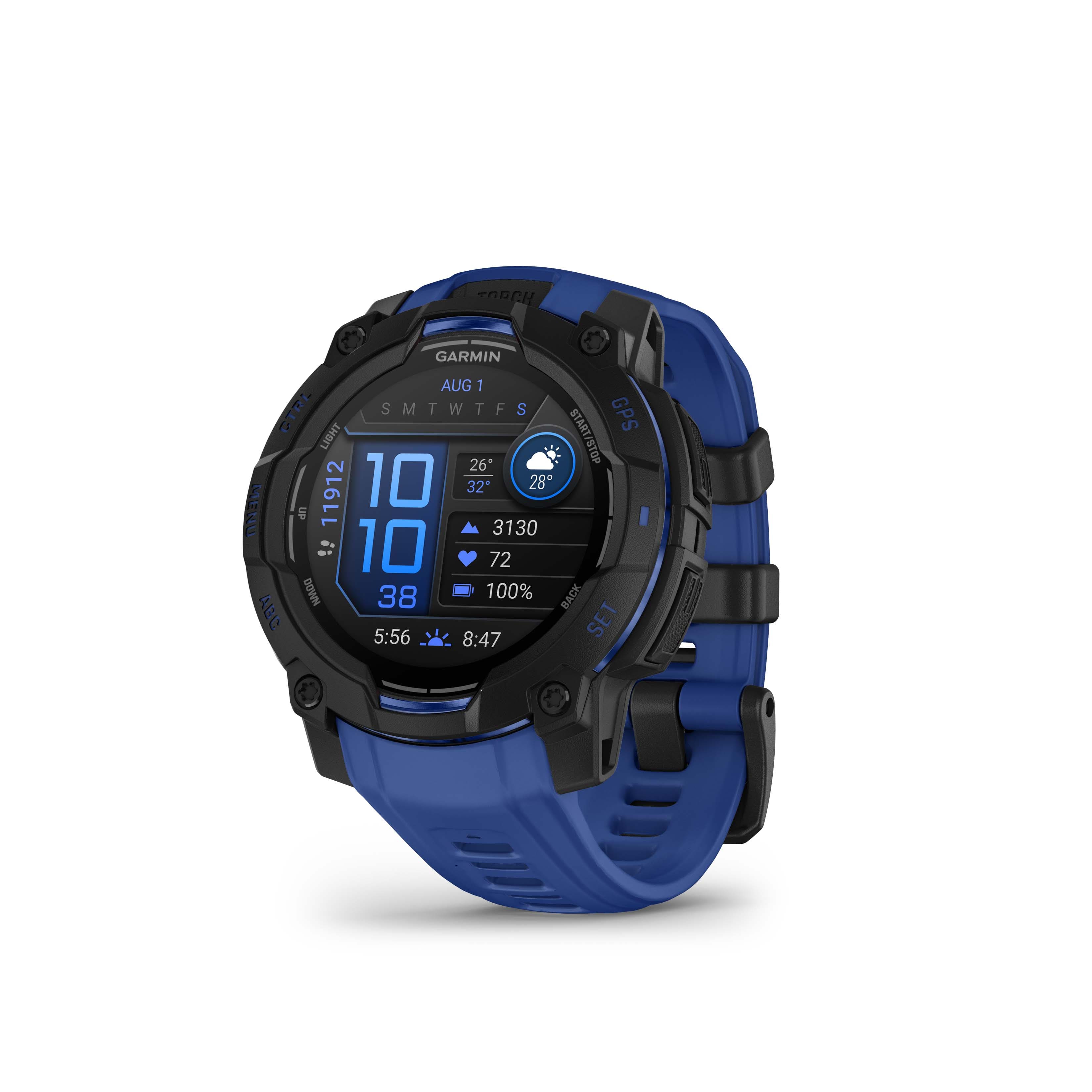 Garmin - Instinct 3 AMOLED GPS Smartwatch 45 mm Fiber-reinforced Polymer - Black with bolt blue/black silicone band - (2025) - Front_Zoom