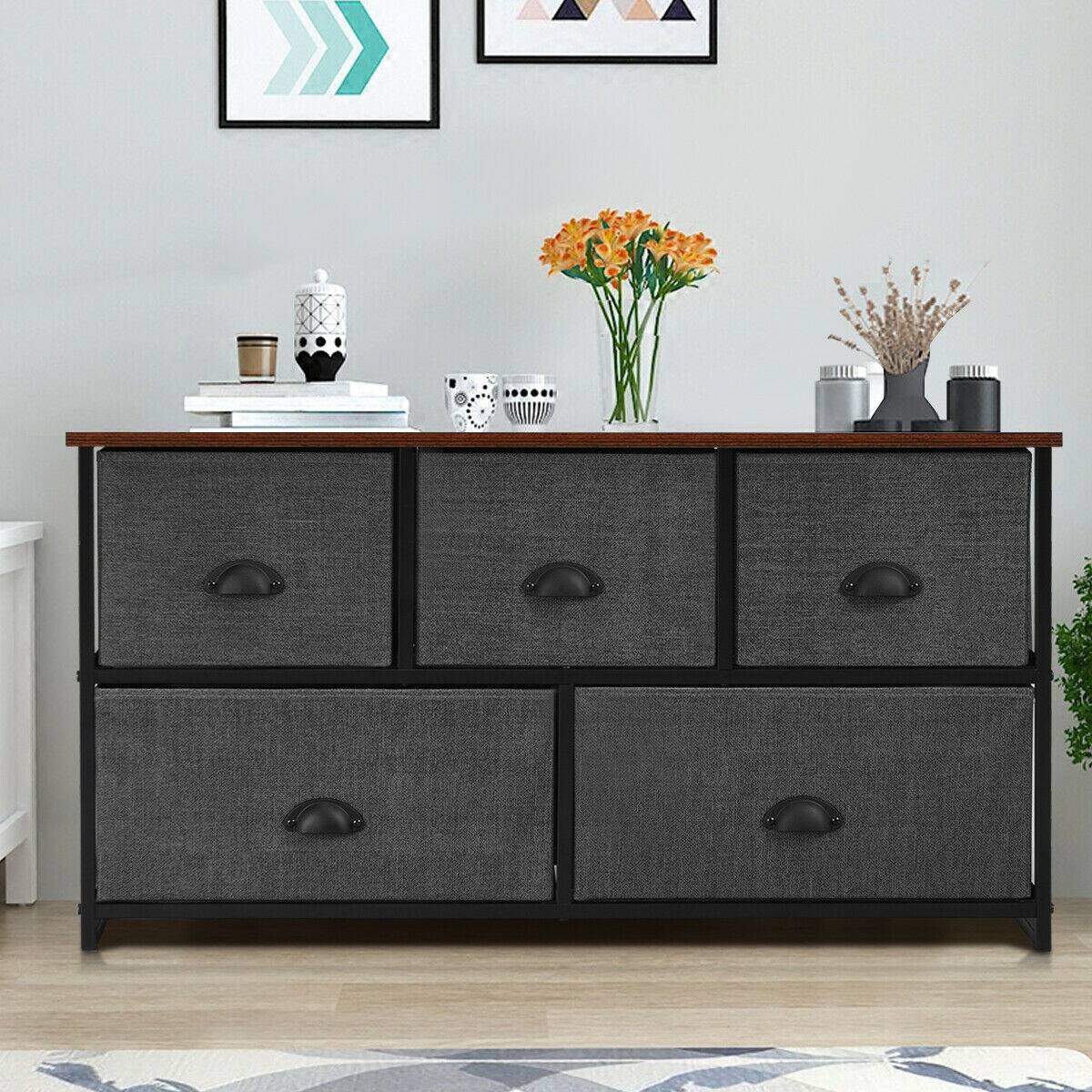 Alt View 4. Gymax - Gymax 5 Drawers Dresser Storage Unit Side Table Display Organizer Dorm Room Wood Black - Black.