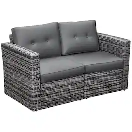 Outsunny - 2 Piece Patio Wicker Corner Sofa Set, Outdoor PE Rattan Furniture, with Curved Armrests and Padded Cushions - Gray