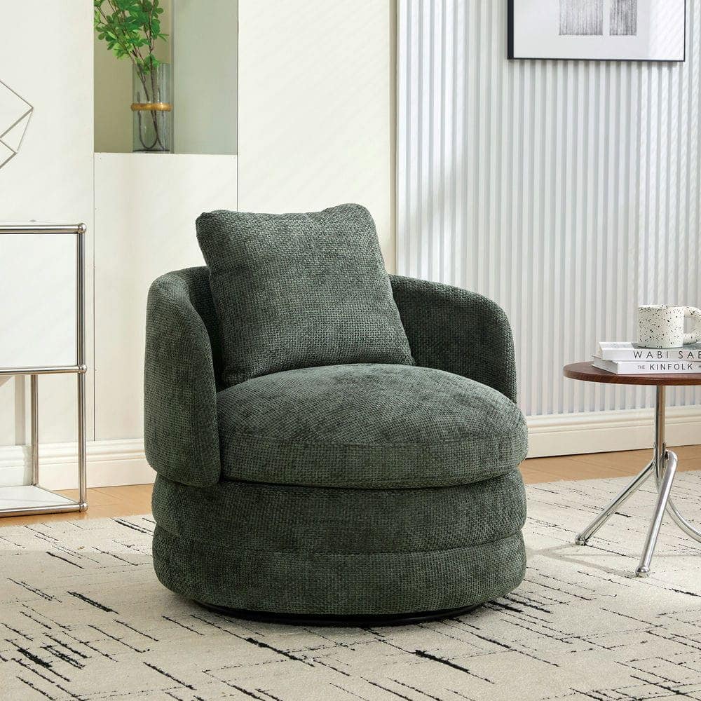 Resenkos - 30" Round Swivel Barrel Accent Chair with Pillow, 360° Chenille Armchair - Green