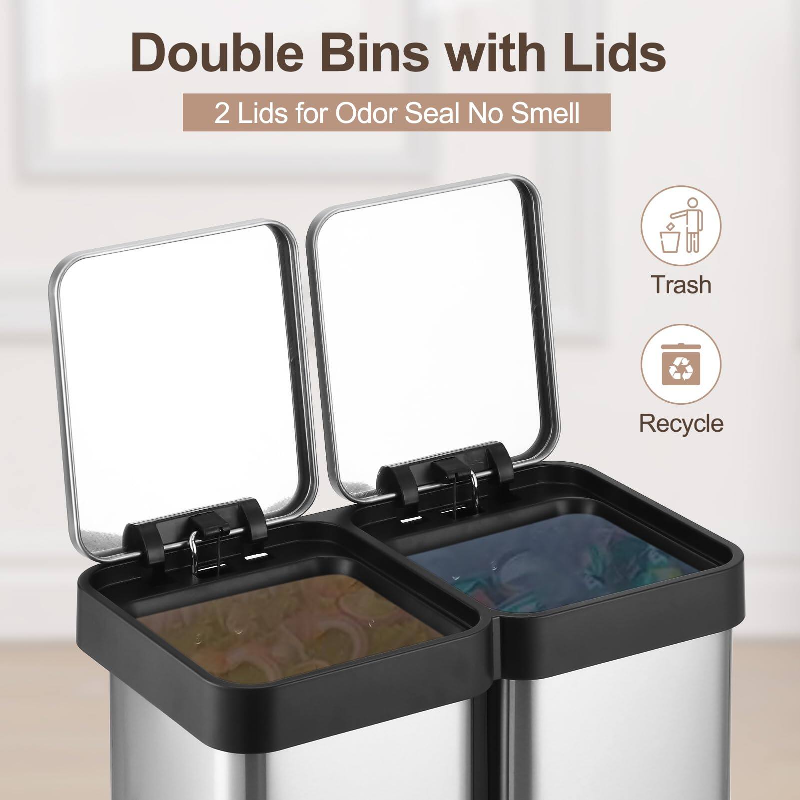 Double Bins with Lids  
2 Lids for Odor Seal No Smell  

Trash  
Recycle