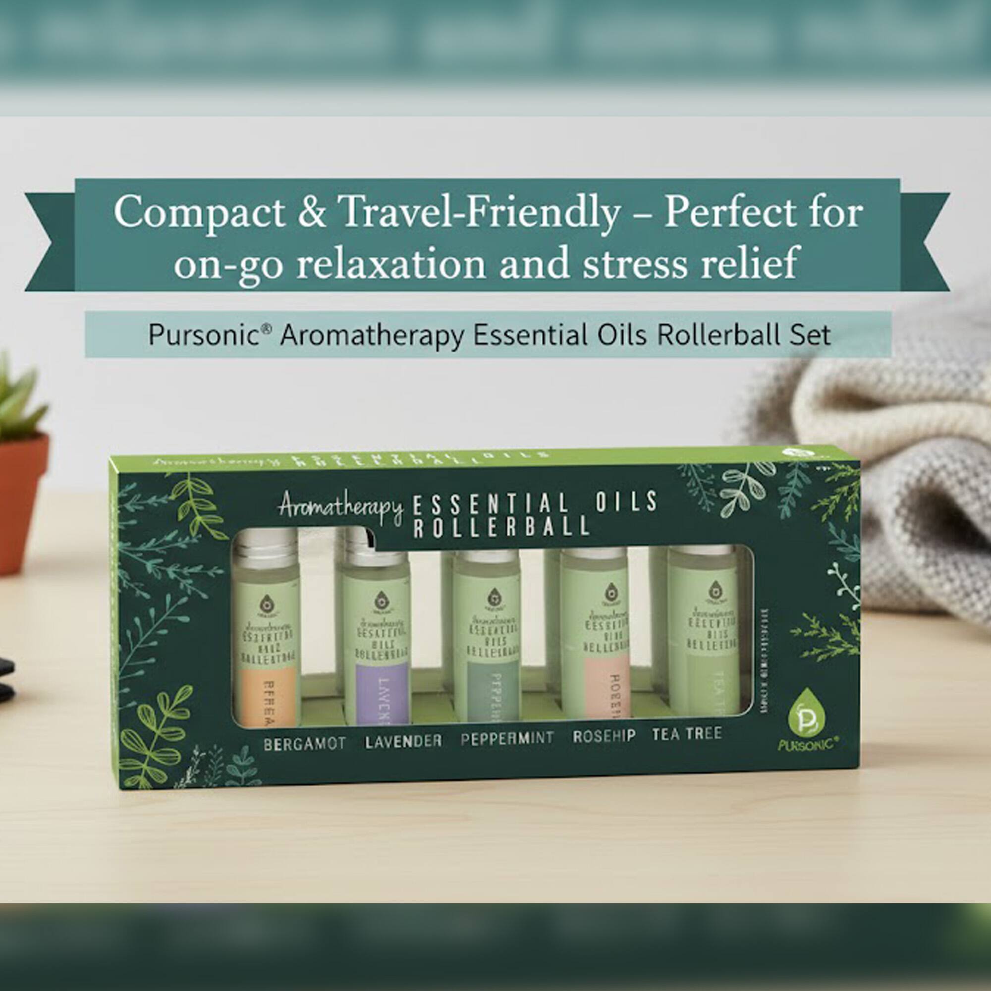 Compact & Travel-Friendly - Perfect for on-go relaxation and stress relief  
Pursonic® Aromatherapy Essential Oils Rollerball Set  

Aromatherapy ESSENTIAL OILS ROLLERBALL  
BERGAMOT LAVENDER PEPPERMINT ROSEHIP TEA TREE