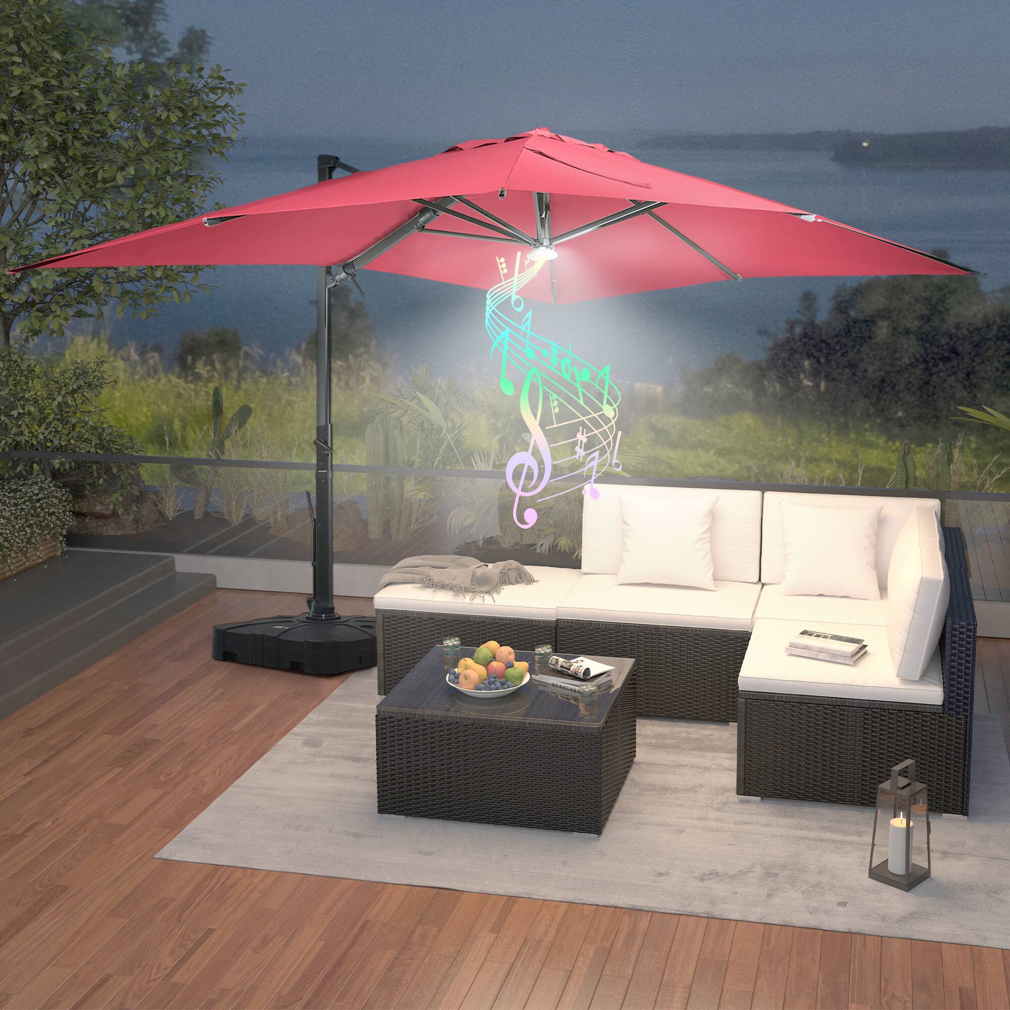 Left. Mondawe - 10*13ft Large Patio Cantilever Umbrella Square with Bluetooth Speaker and Base - Red.
