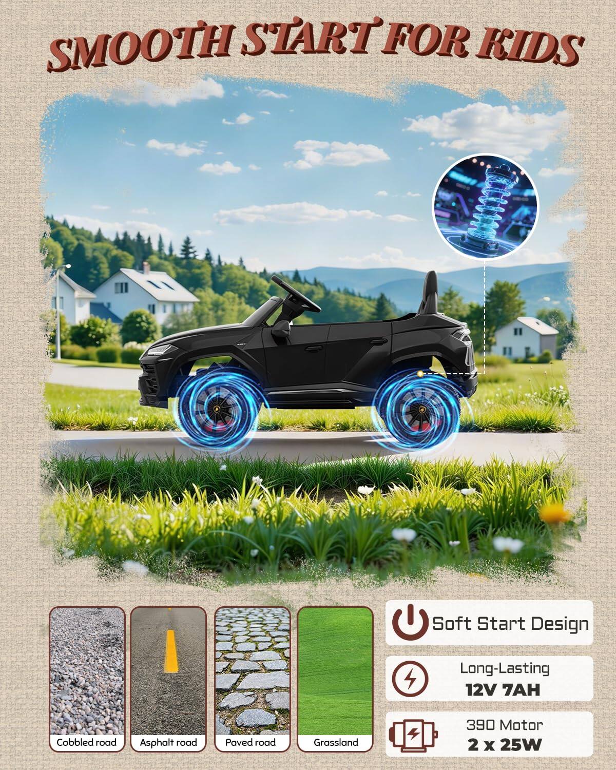 SMOOTH START FOR KIDS

Soft Start Design

Long-Lasting 12V 7AH

Cobbled road
Asphalt road
Paved road
Grassland

390 Motor 2 x 25W