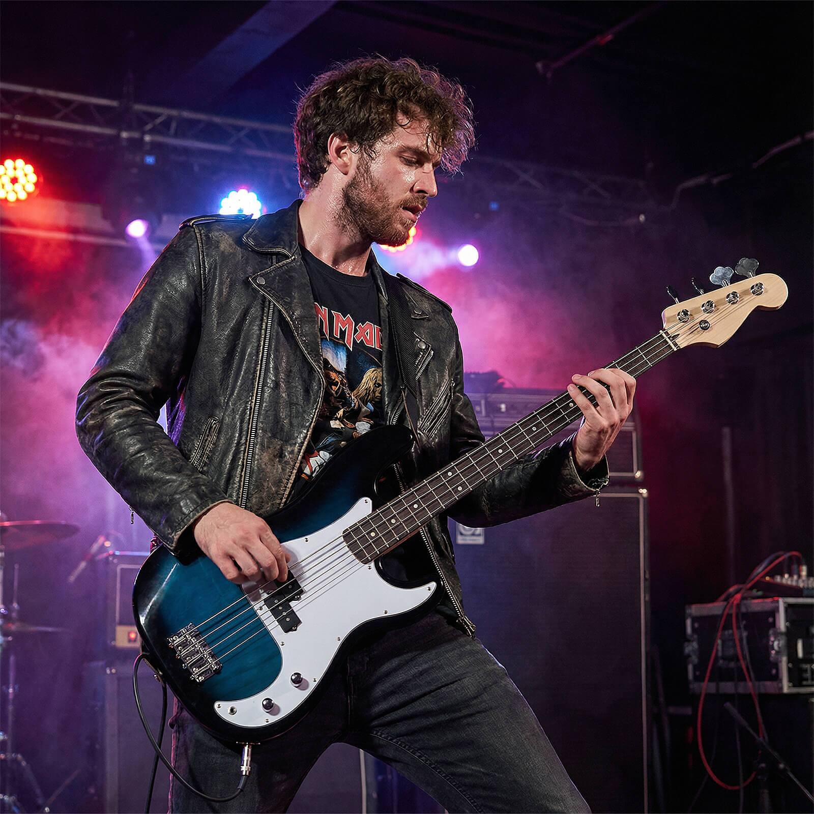 Alt View 3. Costway - Costway 45.5" Electric Bass Guitar with Double Pickups, Open-gear Tuning, Gig Bag, Rope - Blue + White.