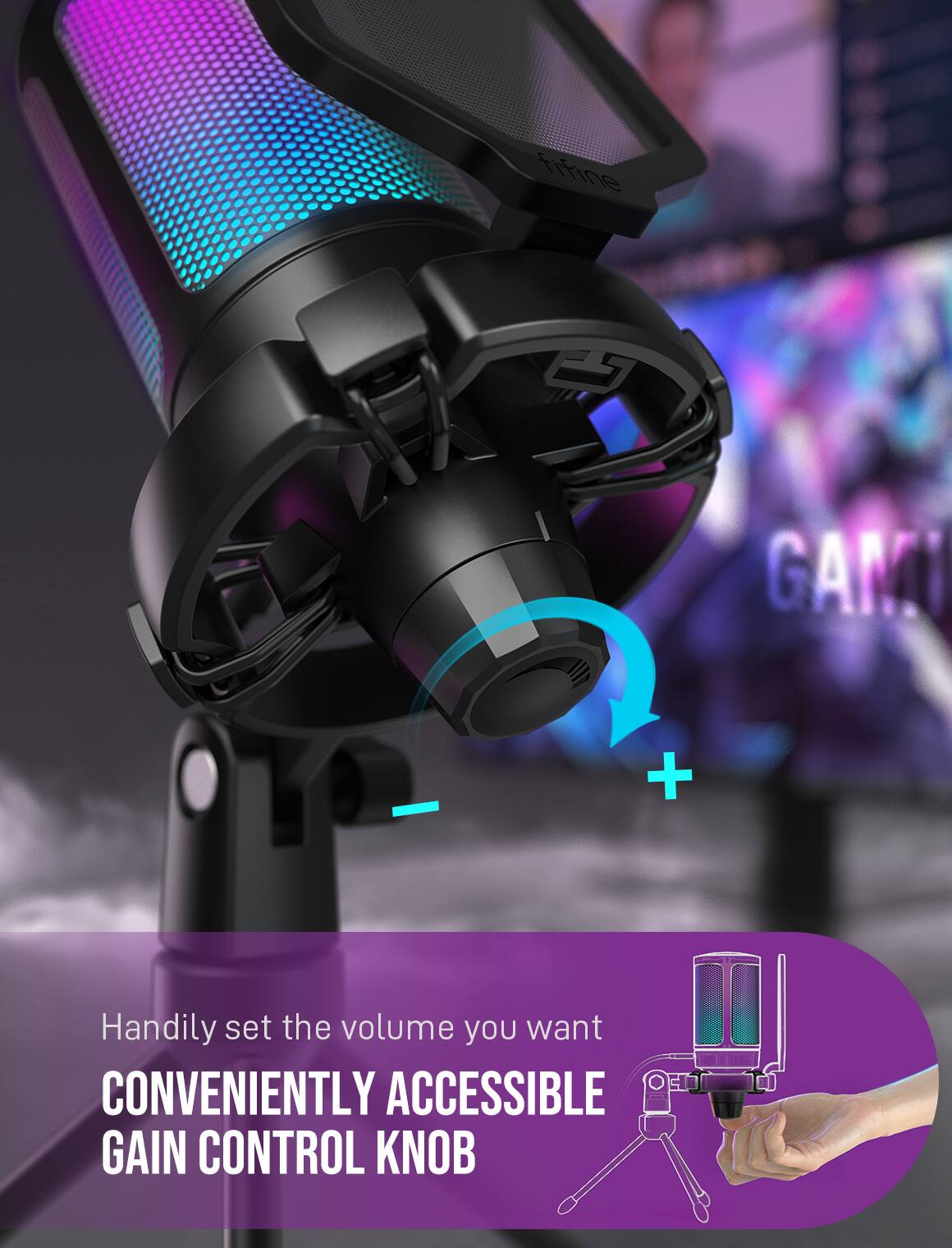 The text on the image reads: "Handily set the volume you want CONVENIENTLY ACCESSIBLE GAIN CONTROL KNOB."