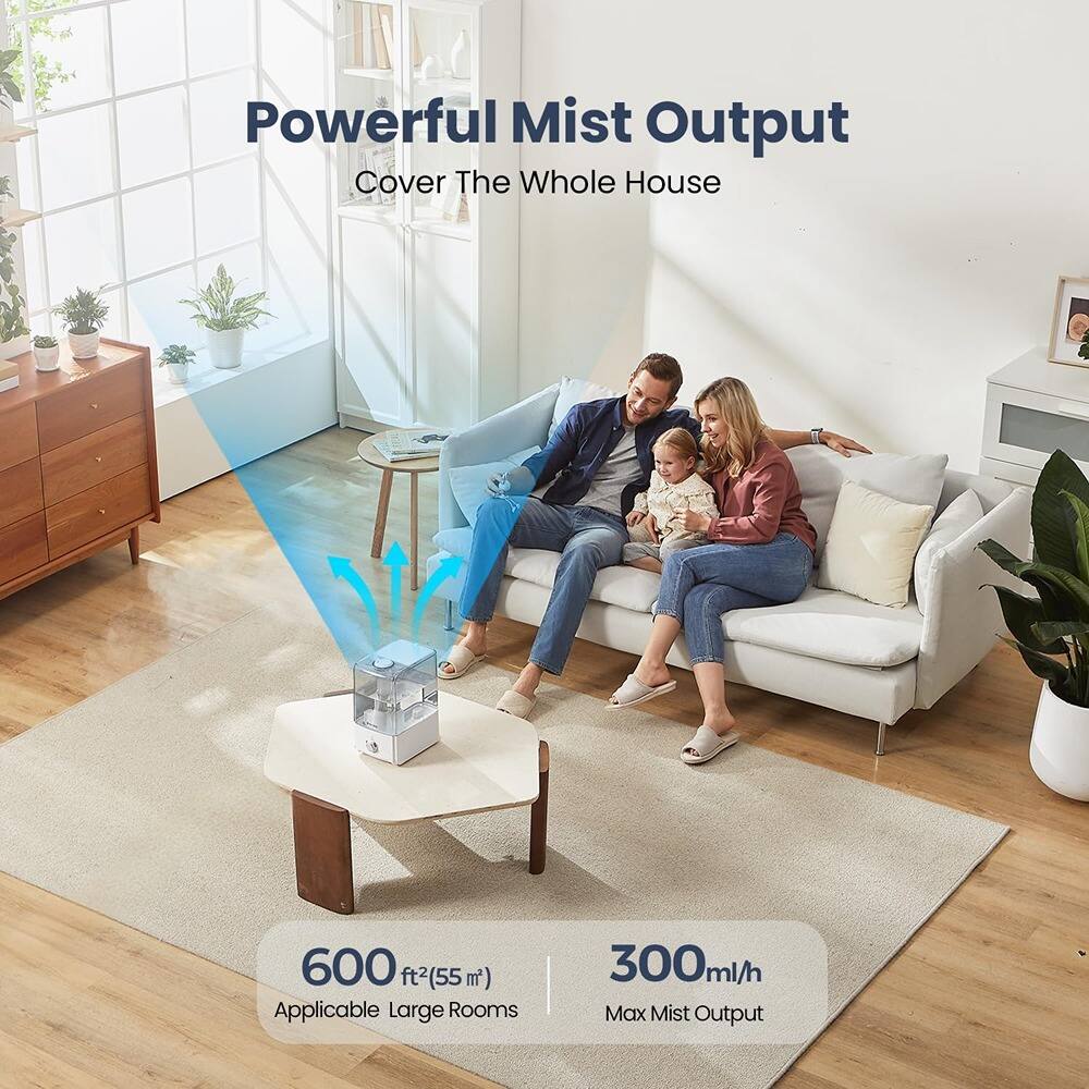 Powerful Mist Output  
Cover The Whole House  

600 ft² (55 m²)  
Applicable Large Rooms  

300 ml/h  
Max Mist Output