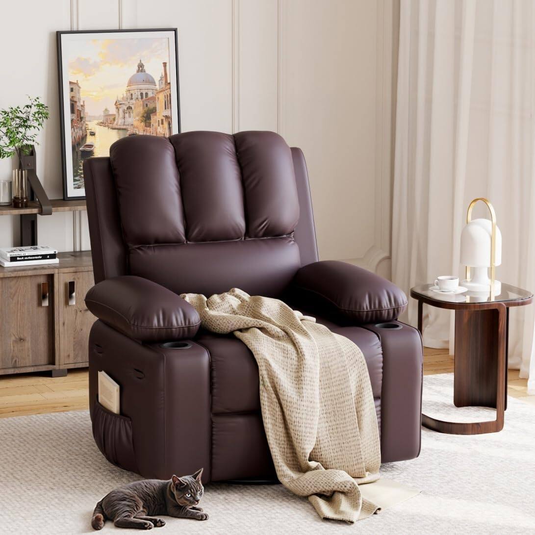Front. Jojoka - 37.4" Oversized Manual Recliner with Heat and Massage, 360 Swivel Rocking Chair 21.3" Seat with Cup Holder - Coffee.