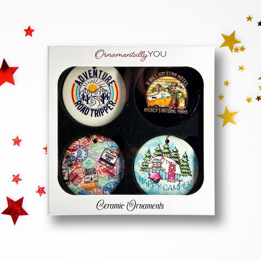 Certainly! Here is the corrected and grouped text from the image:

---

**Ornamentally YOU**

- **ADVENTURE ROAD TRIPPER**
- **5 BILLION STAR HOTEL**
  - AMERICA'S NATIONAL PARKS
- **HAPPY CAMPER**
- **Ceramic Ornaments**

---

**Stamps:**
- EU
- GERMANY
- INDIA
- RUSSIA
- USA

---