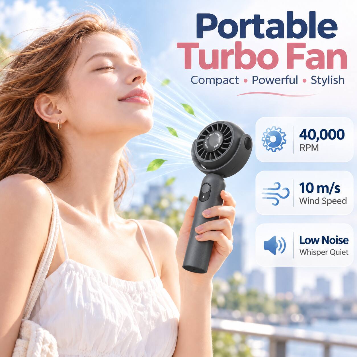 Portable Turbo Fan  
Compact • Powerful • Stylish  

40,000 RPM  
10 m/s Wind Speed  
Low Noise Whisper Quiet