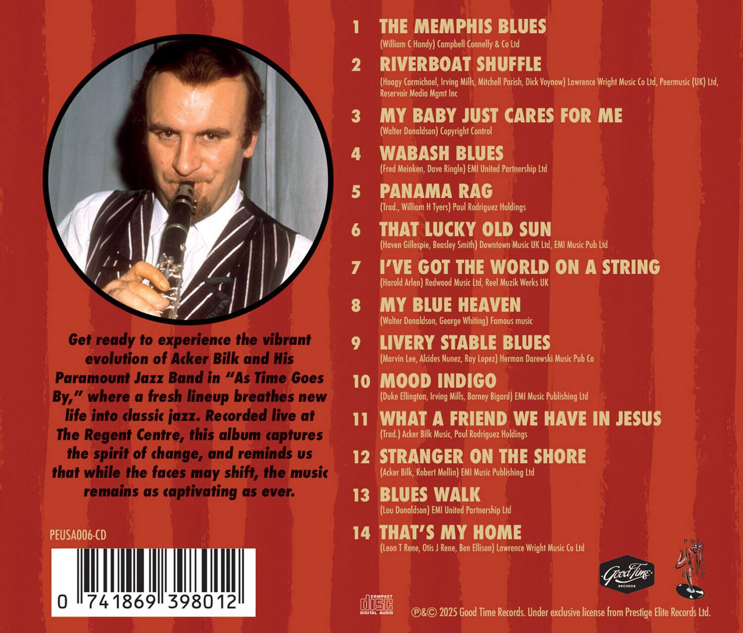 Get ready to experience the vibrant evolution of Acker Bilk and His Paramount Jazz Band in "As Time Goes By," where a fresh lineup breathes new life into classic jazz. Recorded live at The Regent Centre, this album captures the spirit of change, and reminds us that while the faces may shift, the music remains as captivating as ever.

1. THE MEMPHIS BLUES (William C. Handy) Campbell Connelly & Co Ltd
2. RIVERBOAT SHUFFLE (Hoagy Carmichael, Irving Mills, Mitchell Parish, Dick Voynow) Lawrence Wright Music Co Ltd, PeerMusic (UK) Ltd, Reservoir Media Mgmt Inc
3. MY BABY JUST CARES FOR ME (Walter Donaldson) Copyright Control
4. WABASH BLUES (Fred Meinken, Dave Ringle) EMI United Partnership Ltd
5. PANAMA RAG (Trad, William H. Tyers) Paul Rodriguez Holdings
6. THAT LUCKY OLD SUN (Haven Gillespie, Beesley Smith) Downtown Music UK Ltd, EMI Music Pub Ltd
7. I'VE GOT THE WORLD ON A STRING (Harold Arlen) Redwood Music Ltd, Reel Muzik Wer